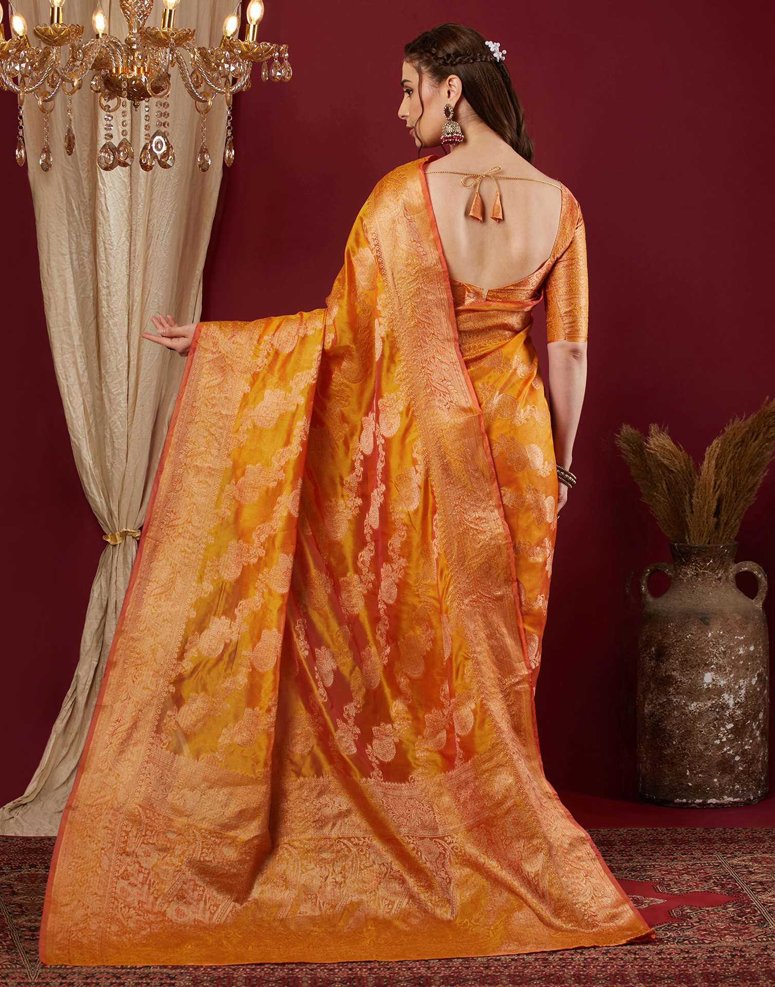 Orange Organza Woven Banarasi Saree - Image 5