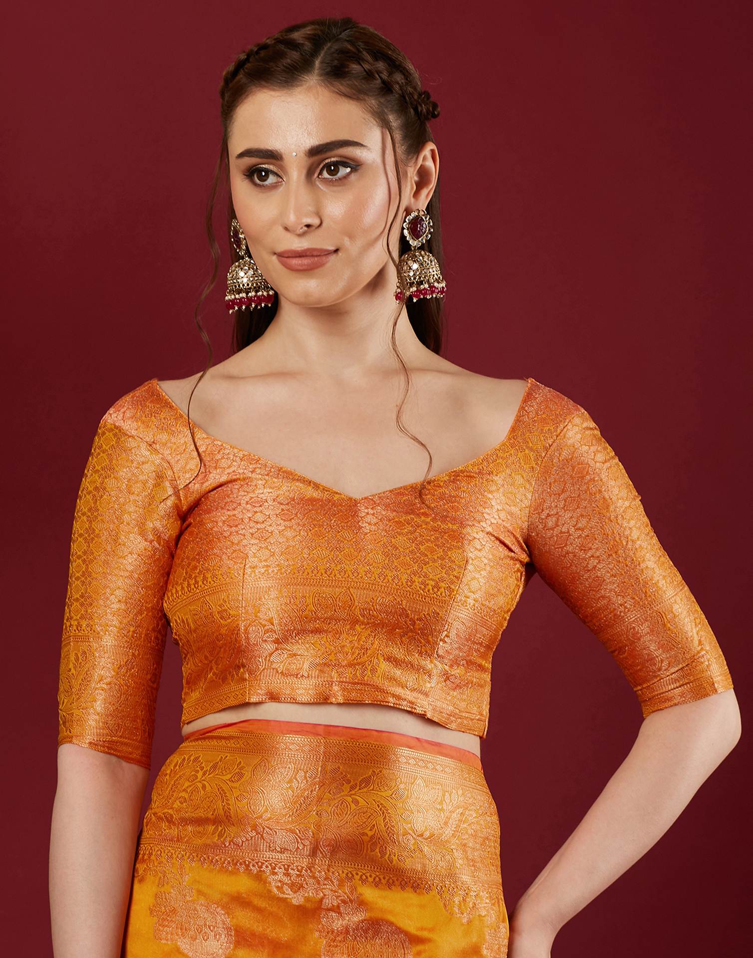Orange Organza Woven Banarasi Saree - Image 8