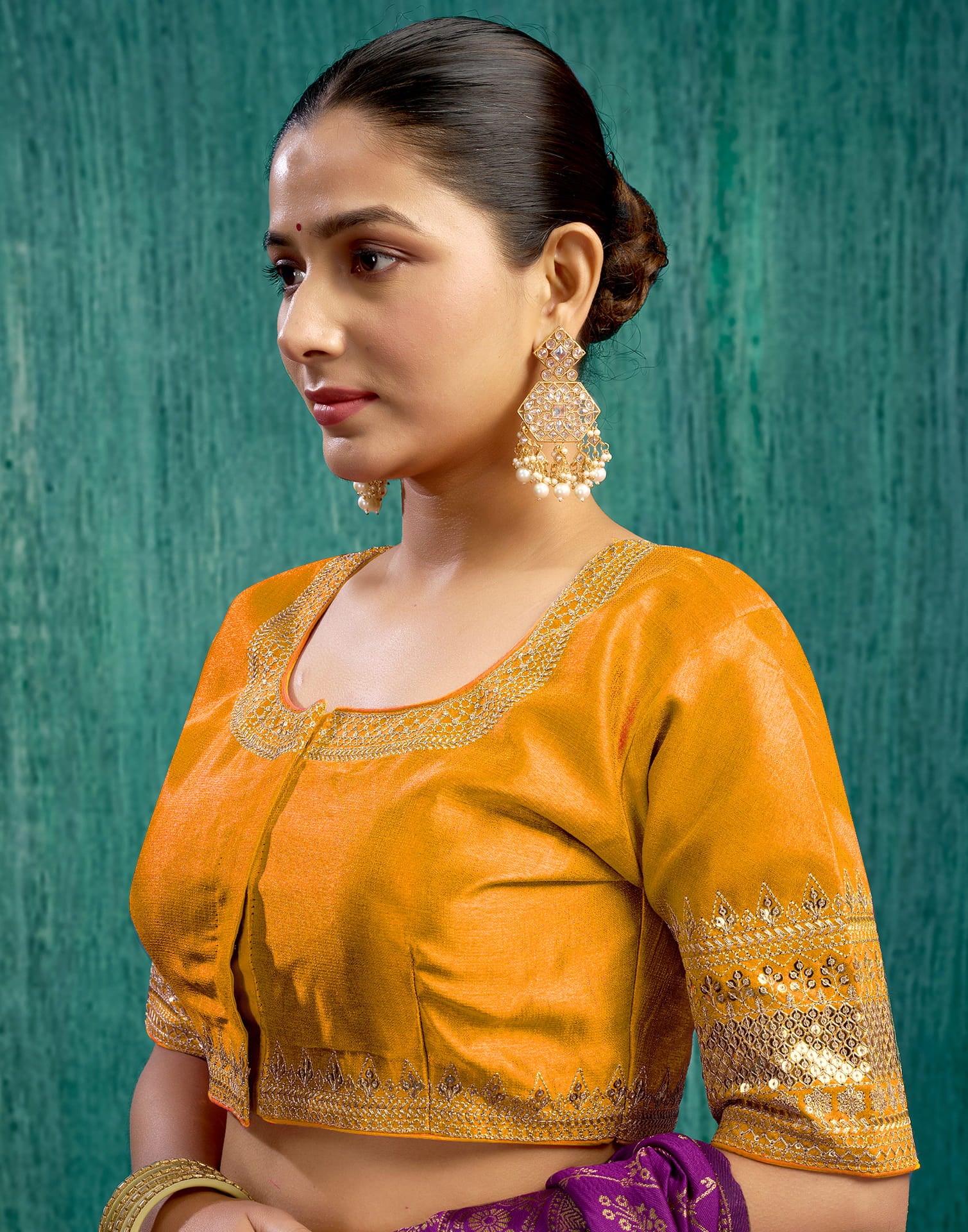 Turmeric Yellow Silk Plain Sequence Blouse - Image 4
