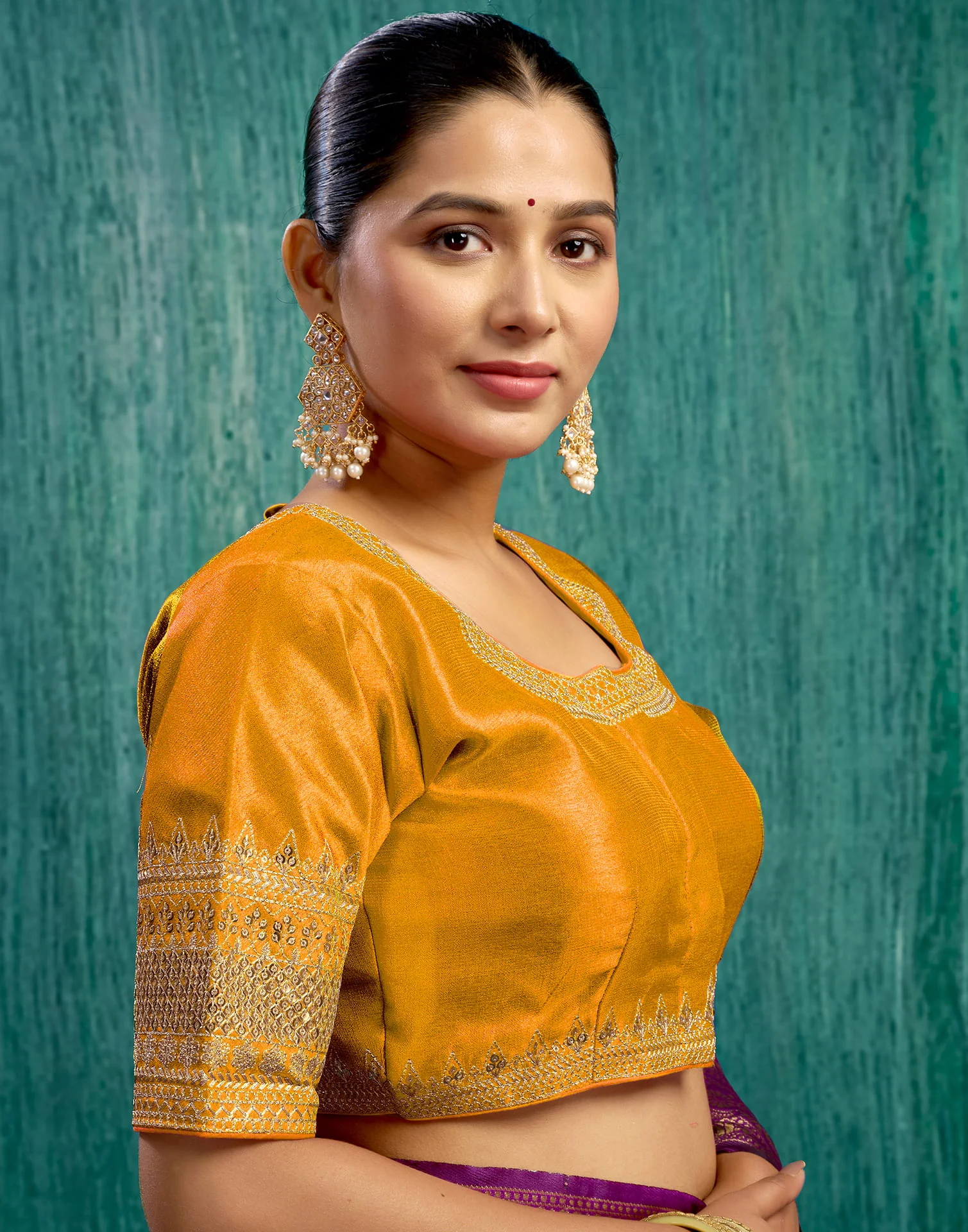 Turmeric Yellow Silk Plain Sequence Blouse - Image 5