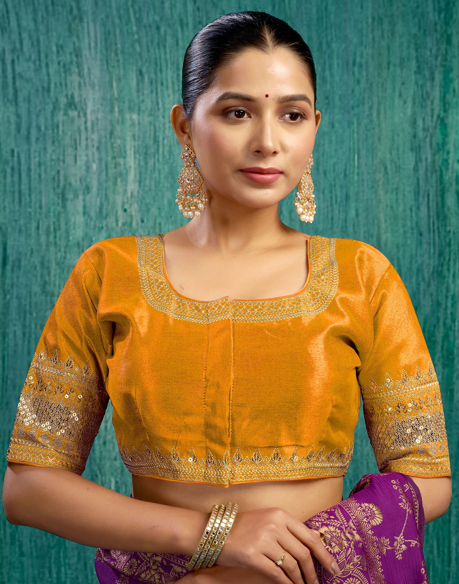 Turmeric Yellow Silk Plain Sequence Blouse - Image 6