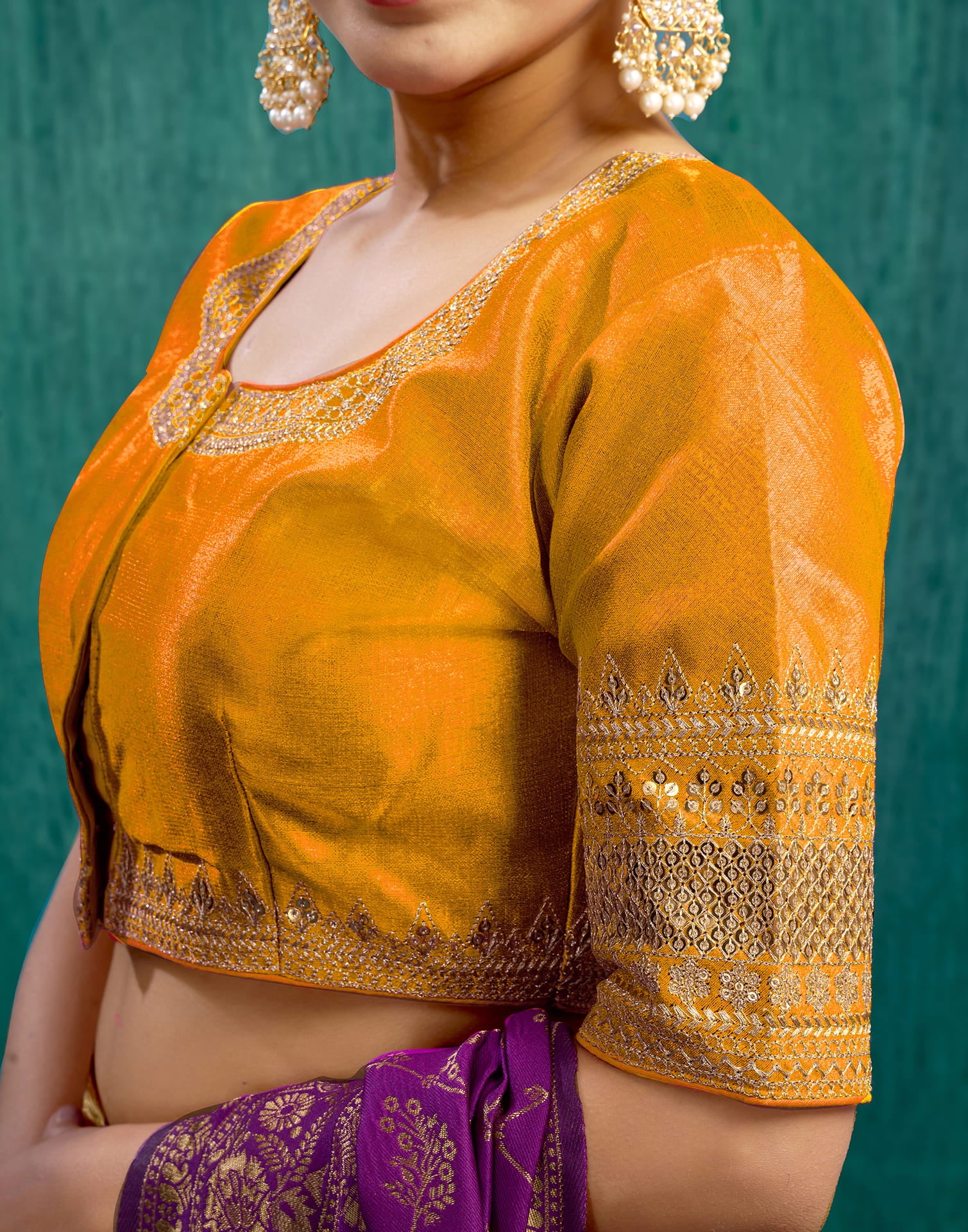 Turmeric Yellow Silk Plain Sequence Blouse - Image 7