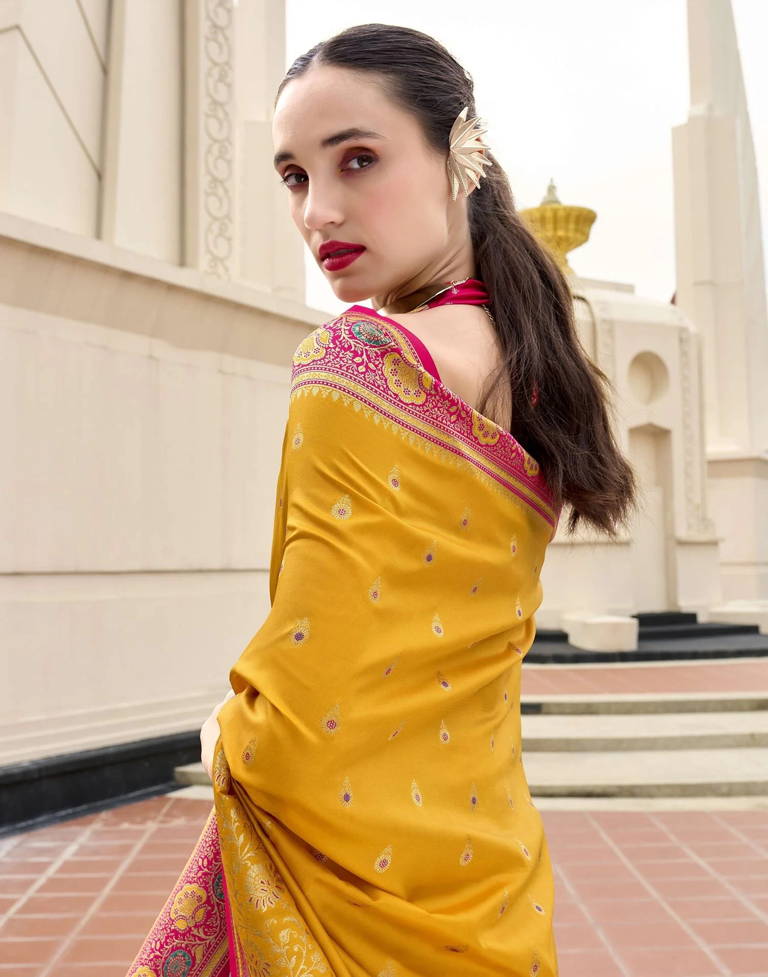 Turmeric Yellow Silk Woven Banarasi Saree - Image 4