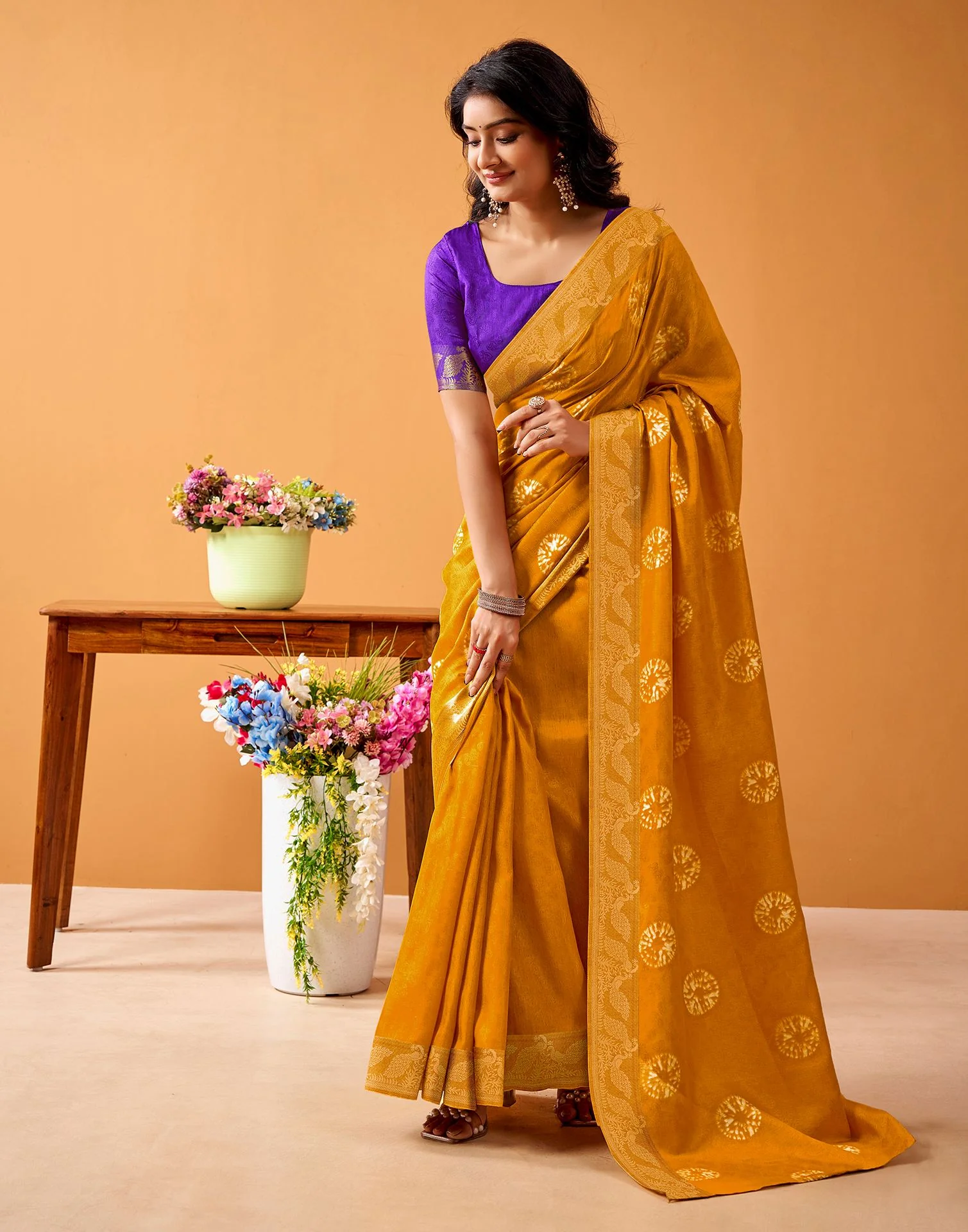 Turmeric Yellow Silk Woven Printed Saree - Image 4