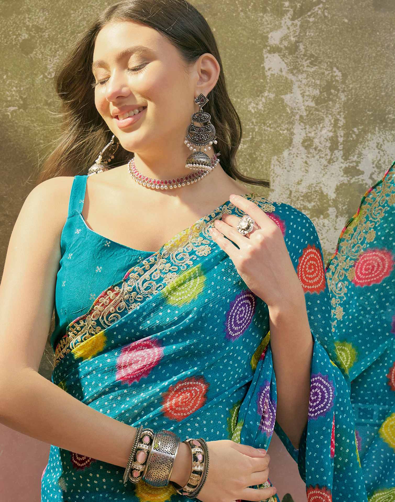 Turquoise Blue Chiffon Bandhani Printed Embroidery Saree - Image 2