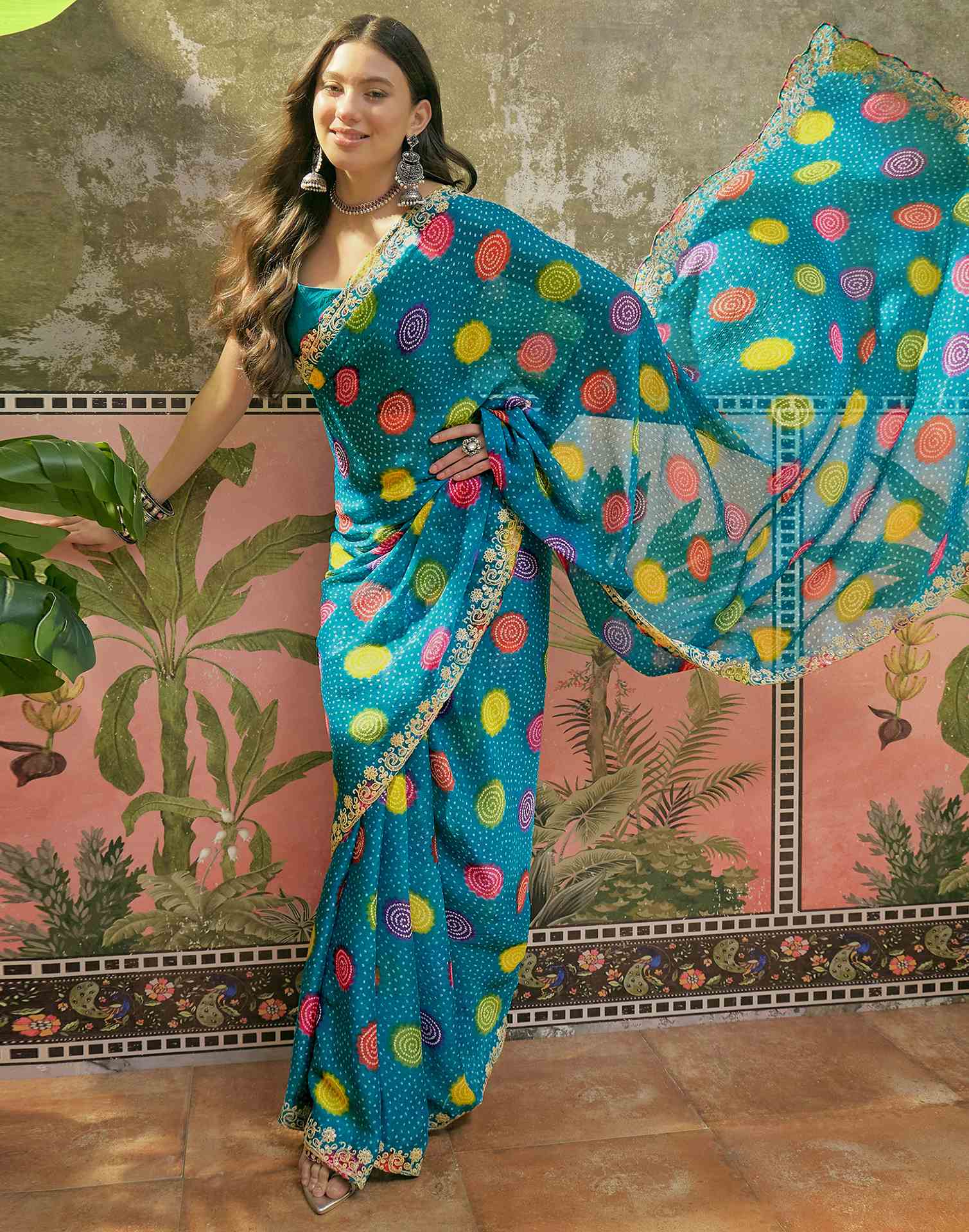 Turquoise Blue Chiffon Bandhani Printed Embroidery Saree - Image 5