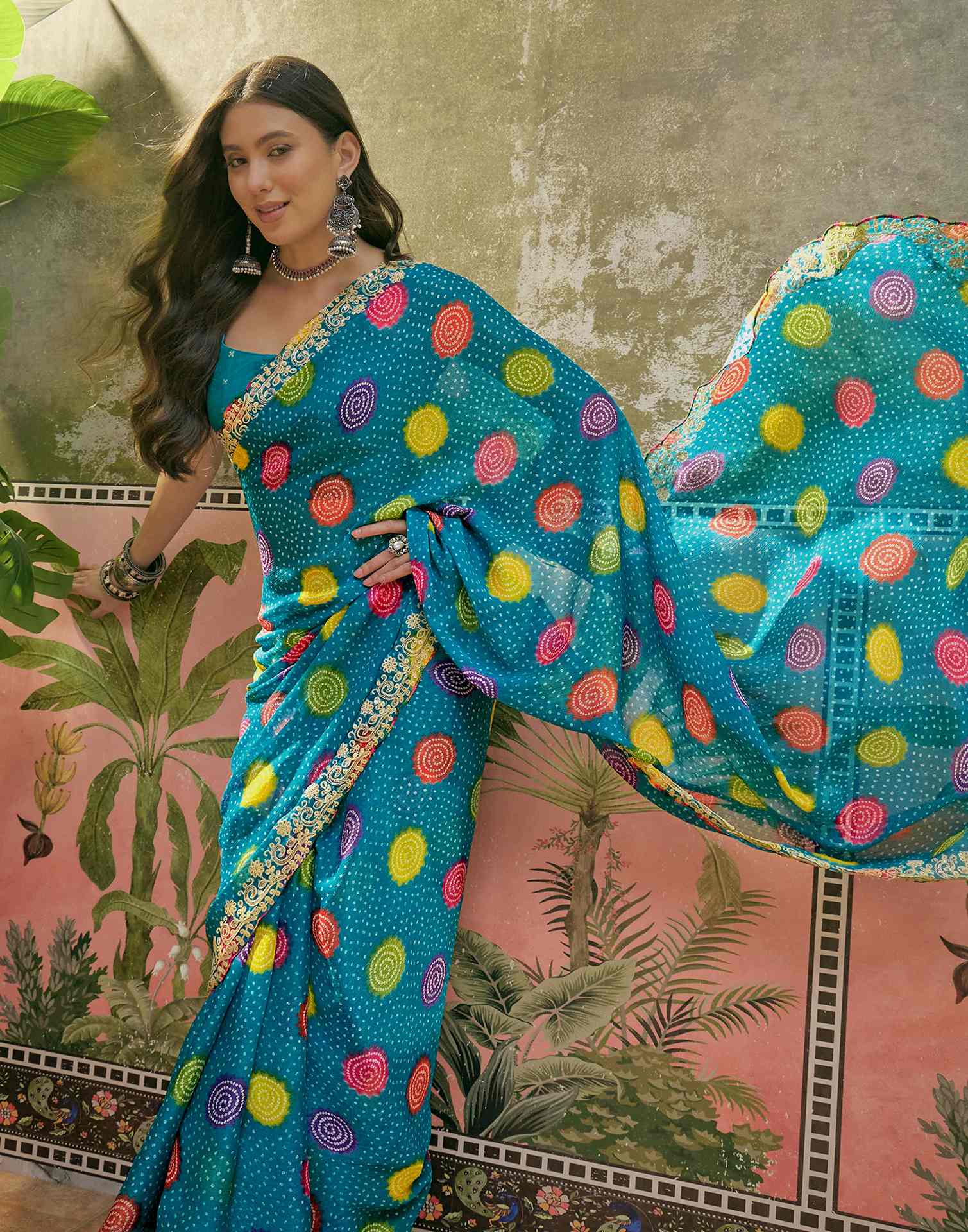 Turquoise Blue Chiffon Bandhani Printed Embroidery Saree - Image 7