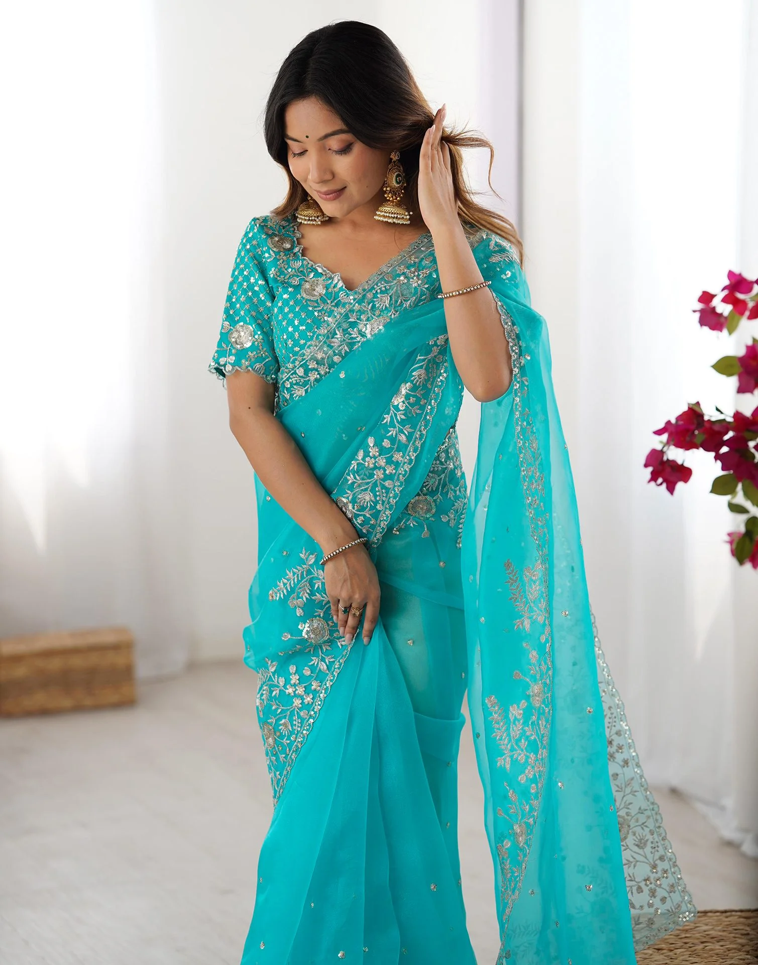 Turquoise Blue Organza Sequence Embroidery Saree - Image 4