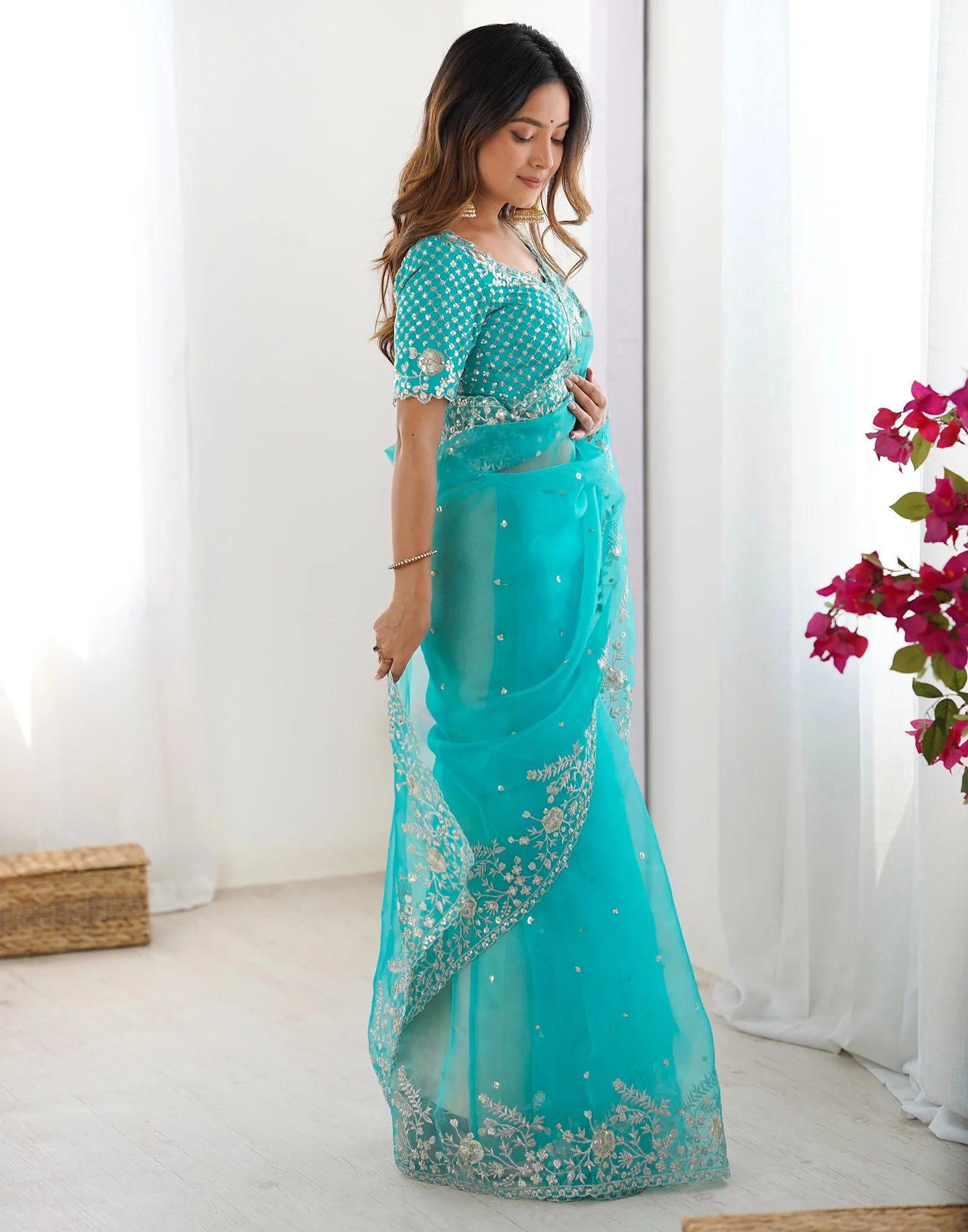 Turquoise Blue Organza Sequence Embroidery Saree - Image 6