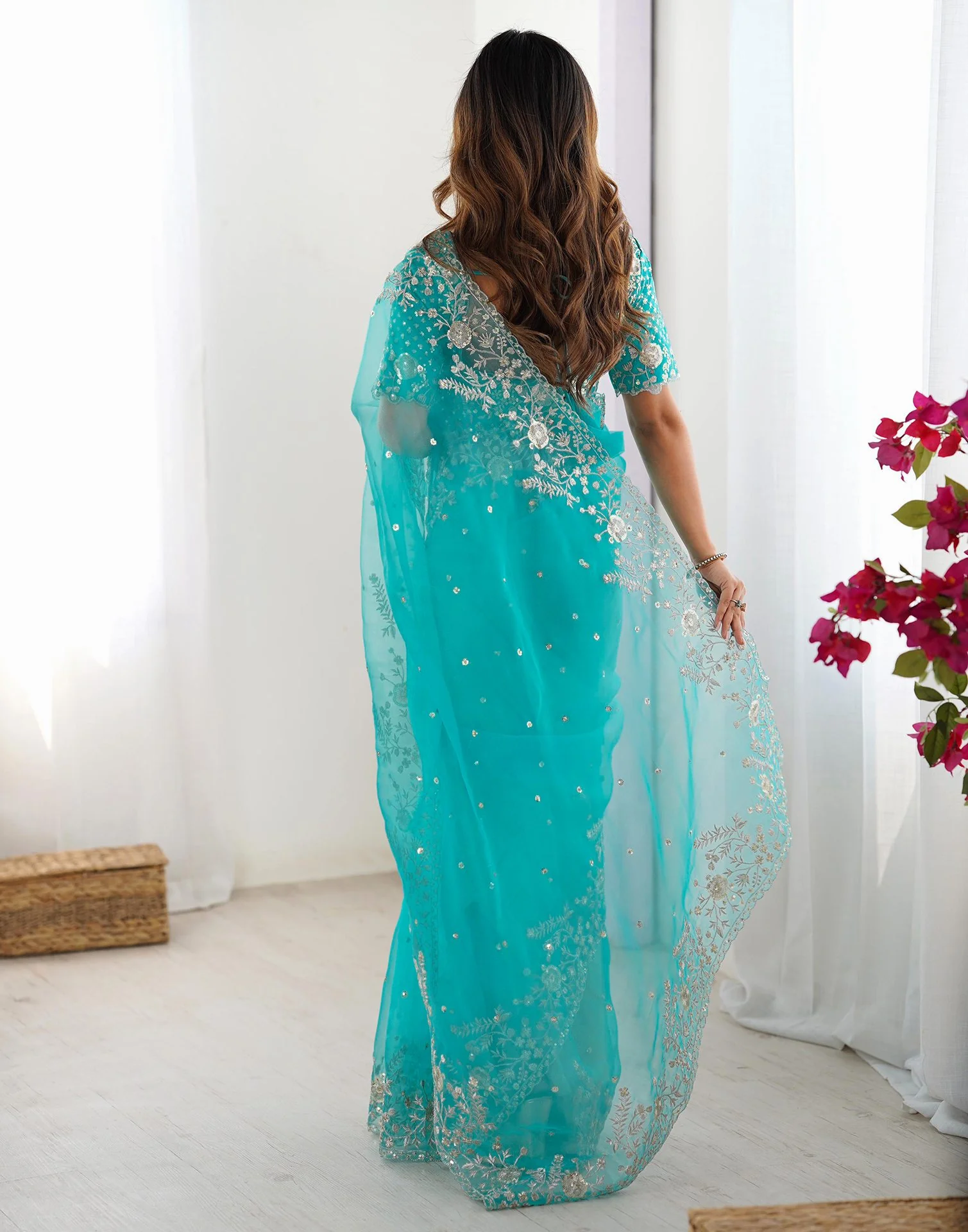 Turquoise Blue Organza Sequence Embroidery Saree - Image 8