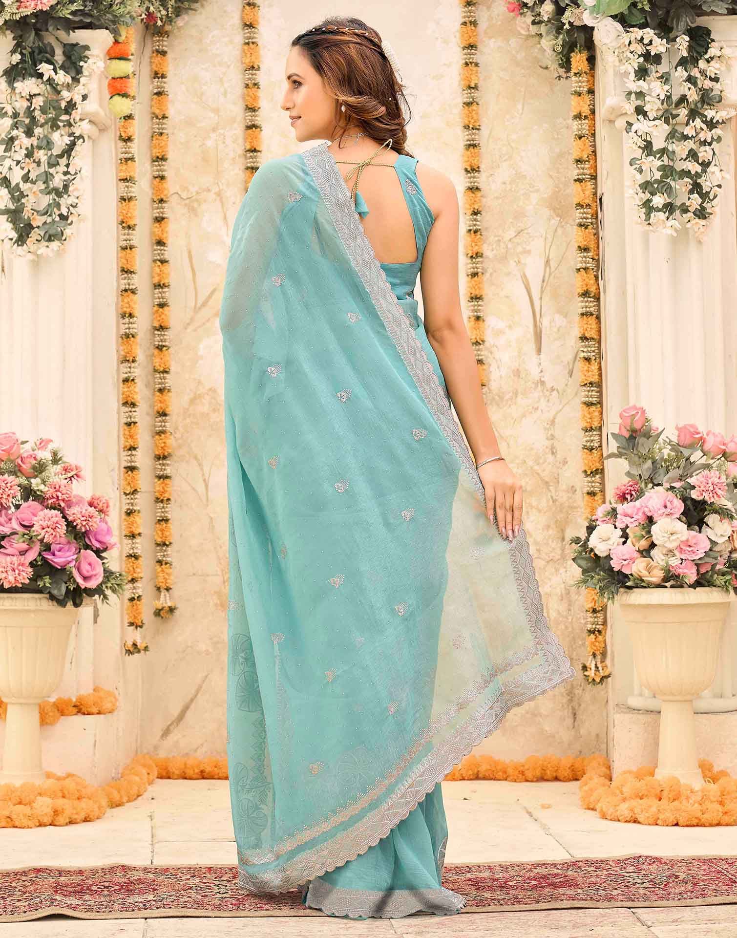 Turquoise Blue Shimmer Embroidery Embellished Saree - Image 4