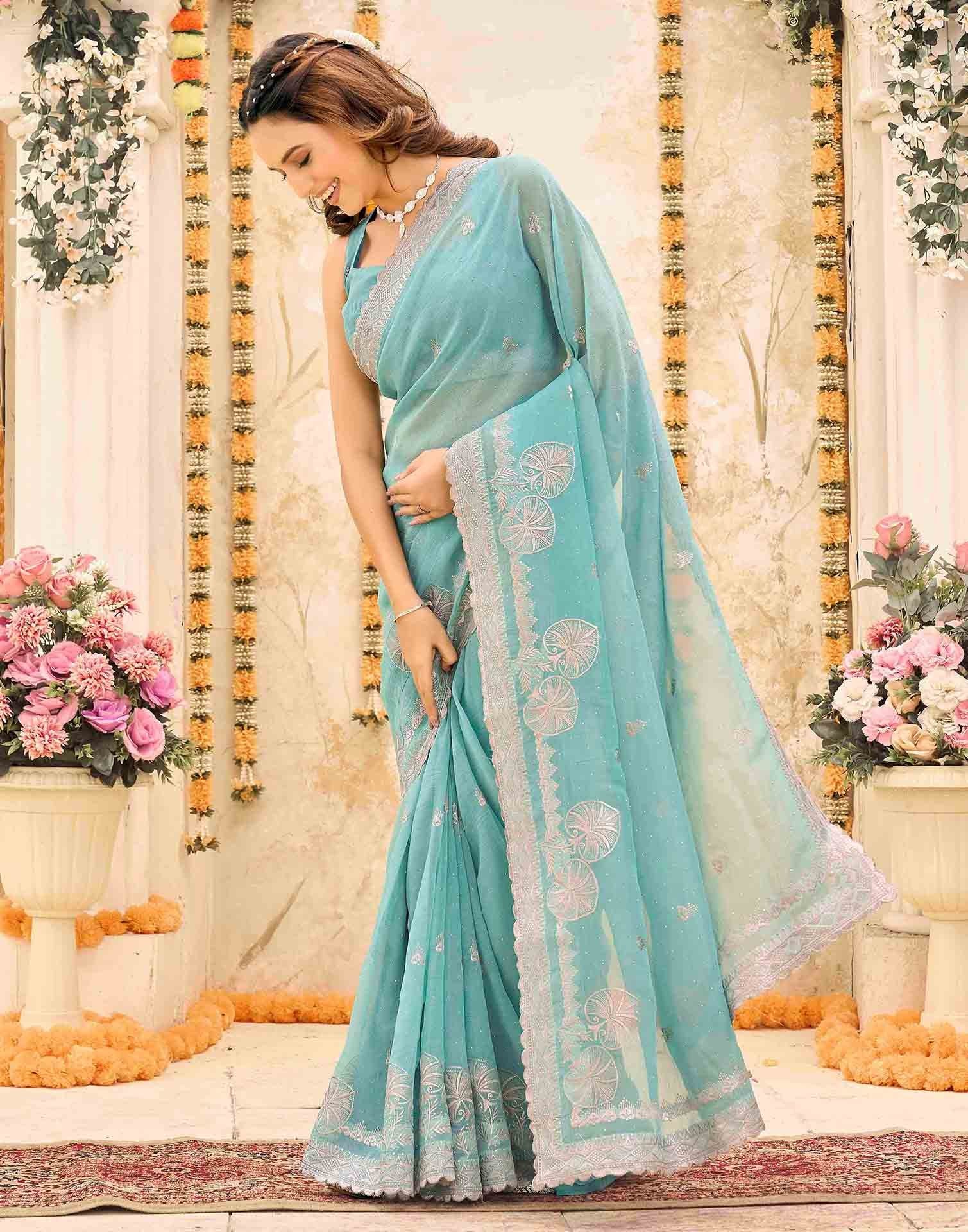 Turquoise Blue Shimmer Embroidery Embellished Saree - Image 5