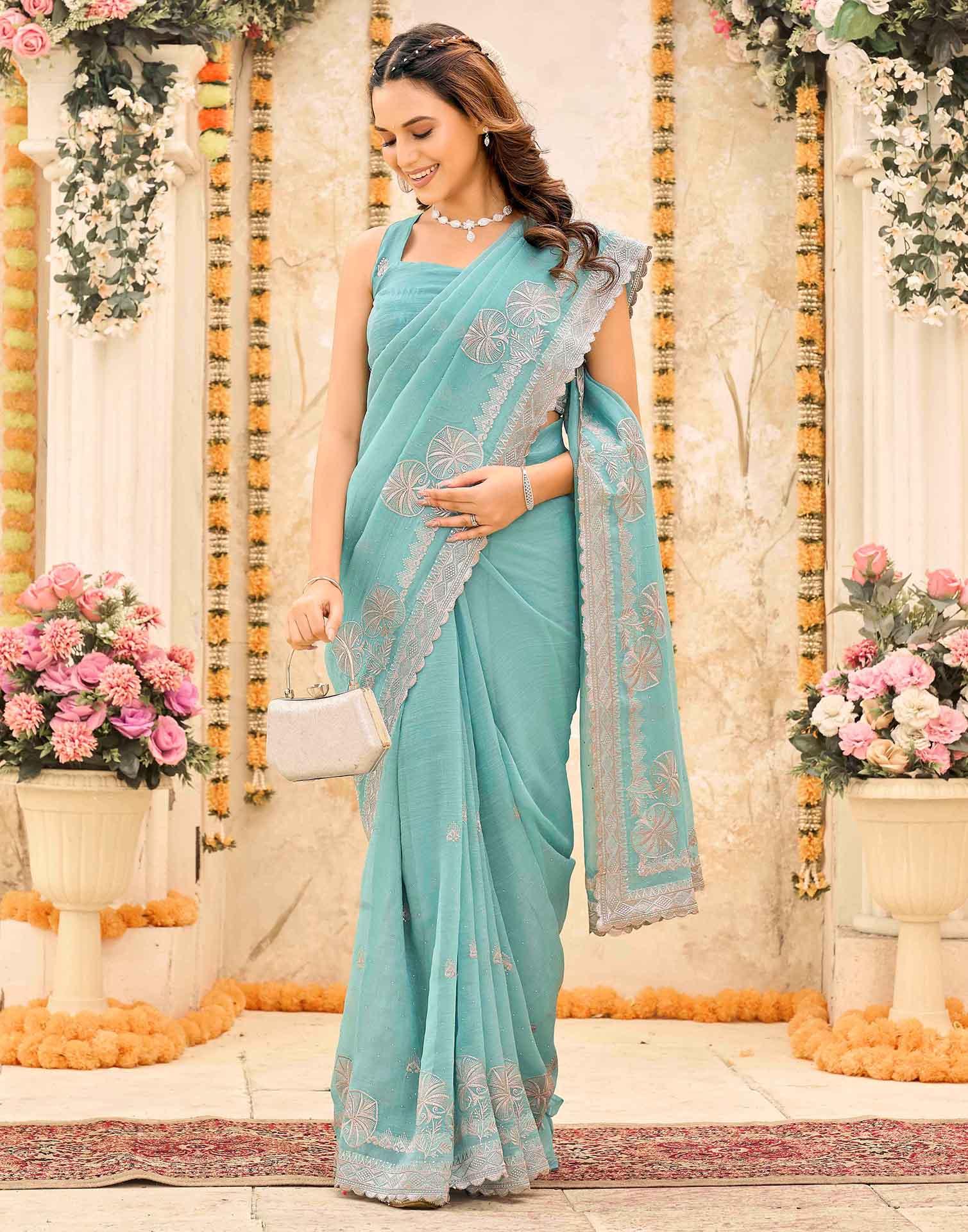 Turquoise Blue Shimmer Embroidery Embellished Saree - Image 6