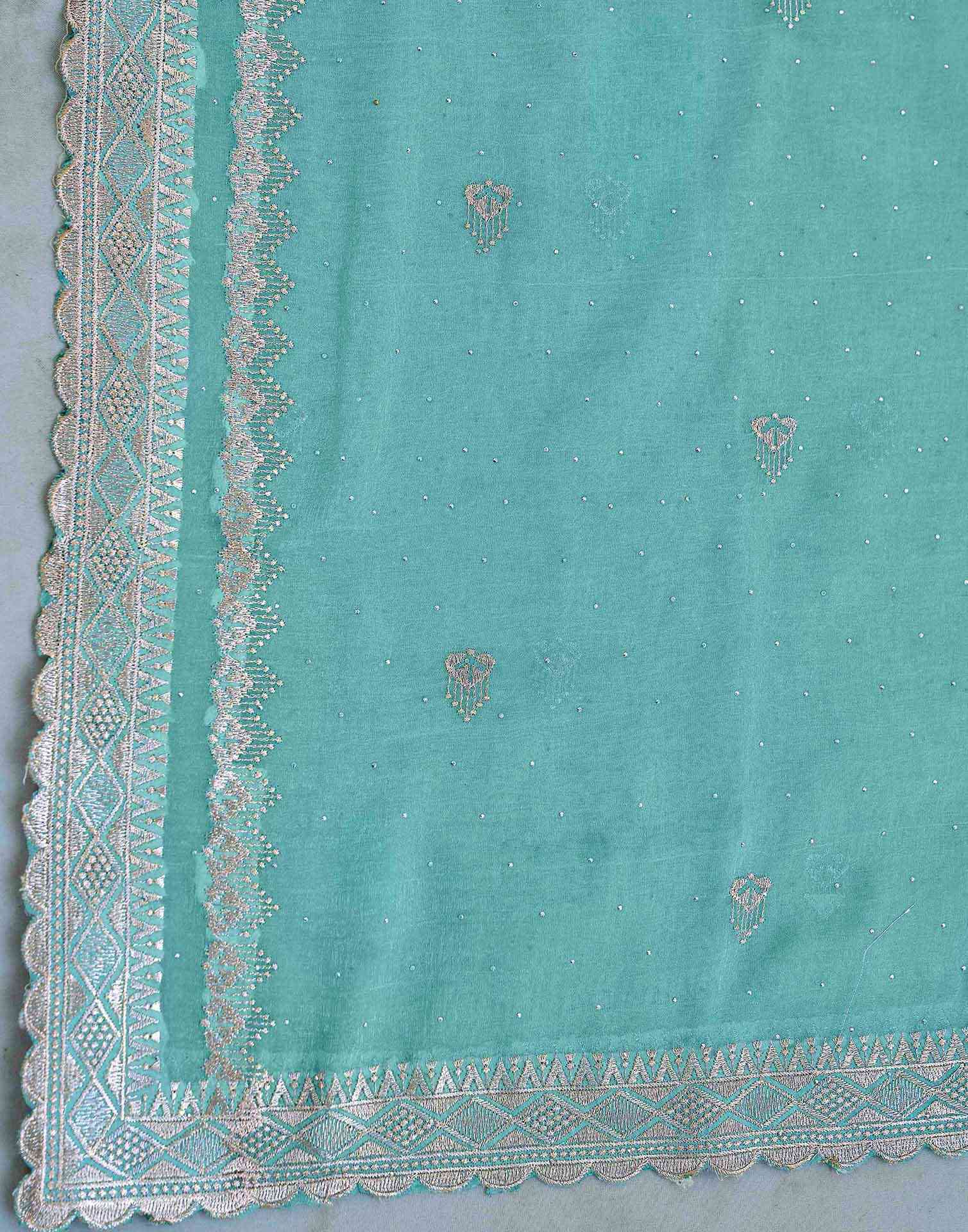 Turquoise Blue Shimmer Embroidery Embellished Saree - Image 8