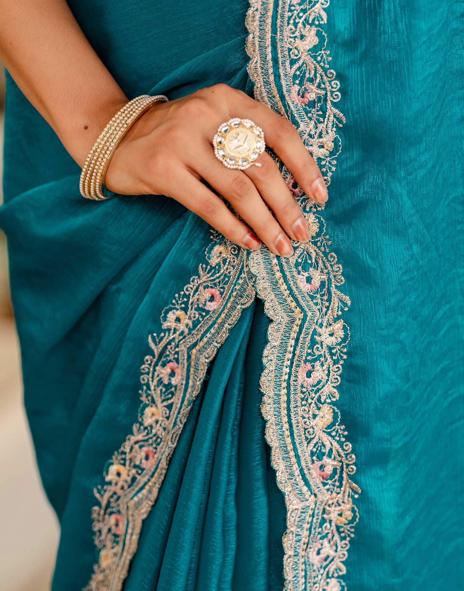 Turquoise Blue Shimmer Embroidery Saree - Image 10