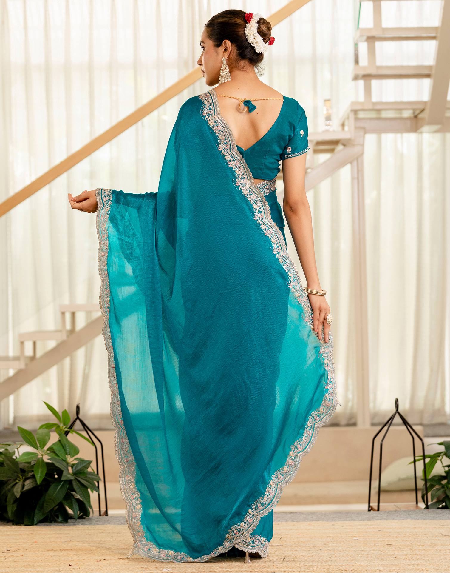 Turquoise Blue Shimmer Embroidery Saree - Image 7