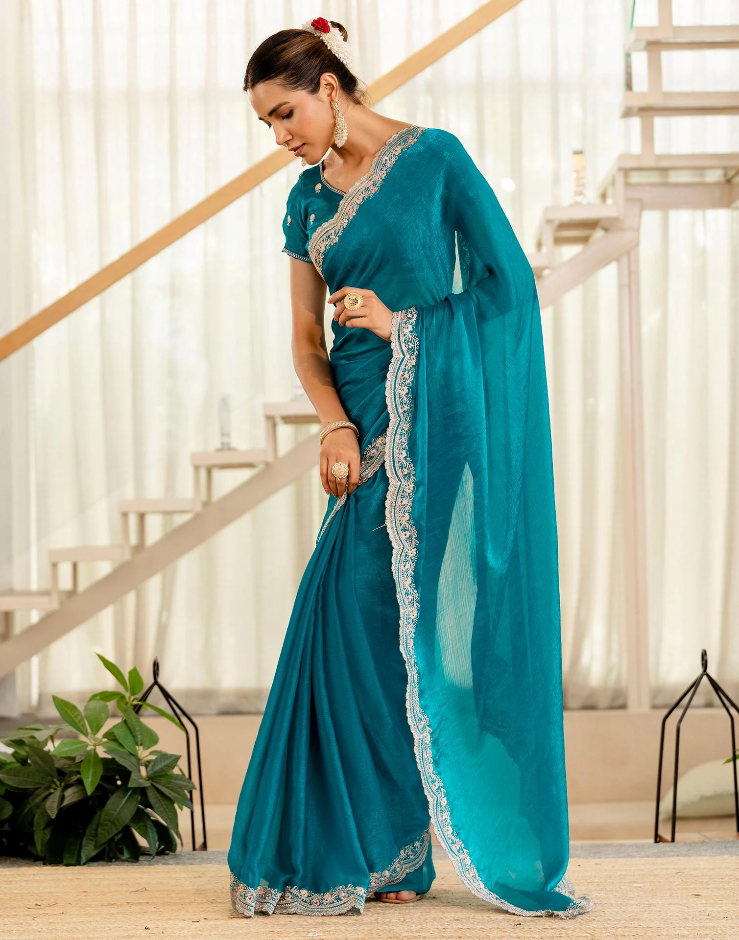 Turquoise Blue Shimmer Embroidery Saree - Image 8