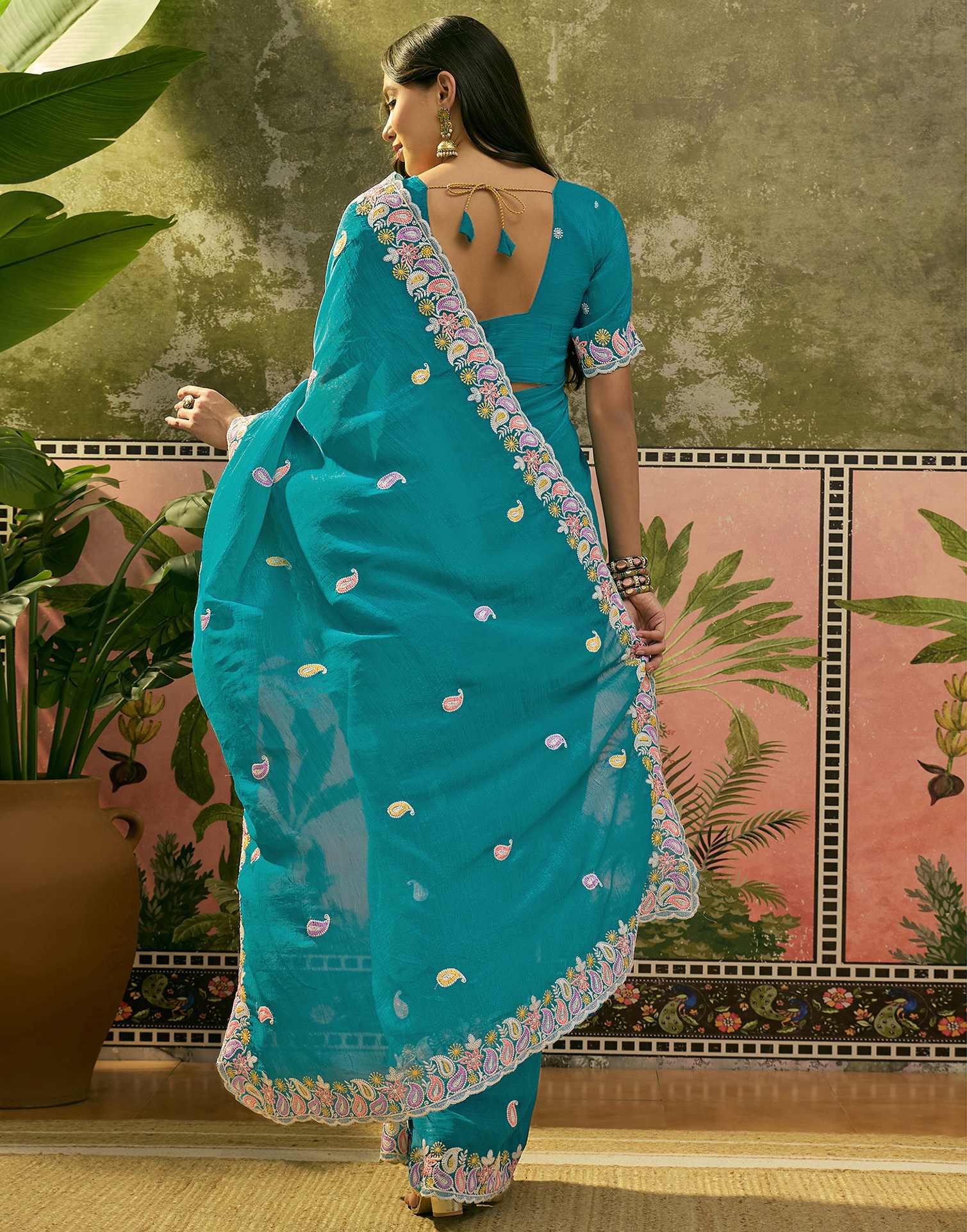 Turquoise Blue Shimmer Embroidery Saree - Image 6