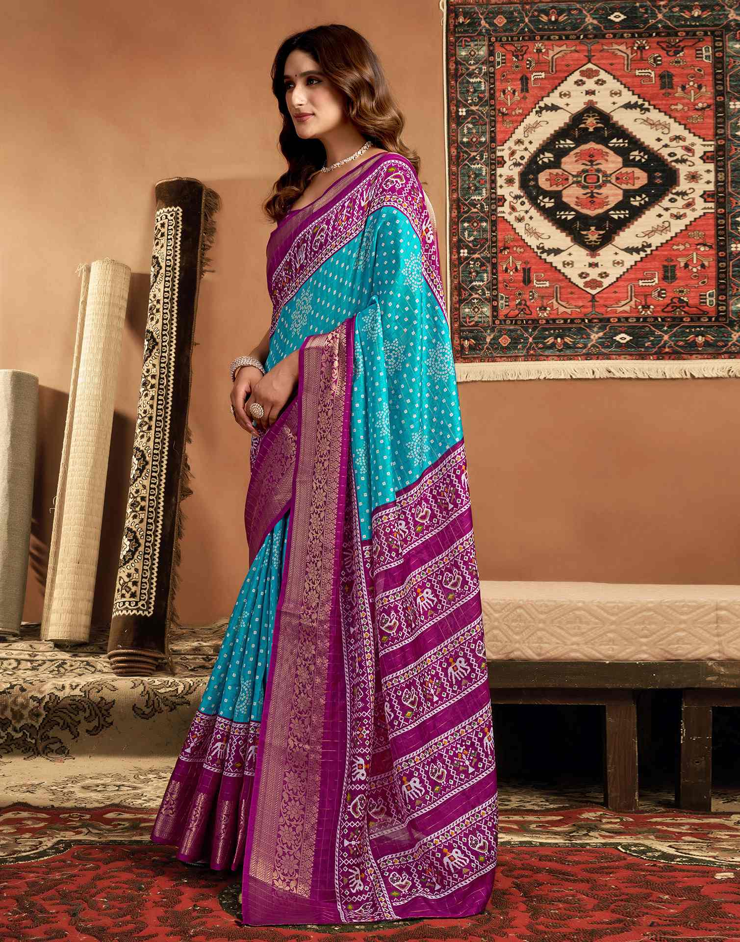 Turquoise Blue Silk Printed Bandhani Saree - Image 4