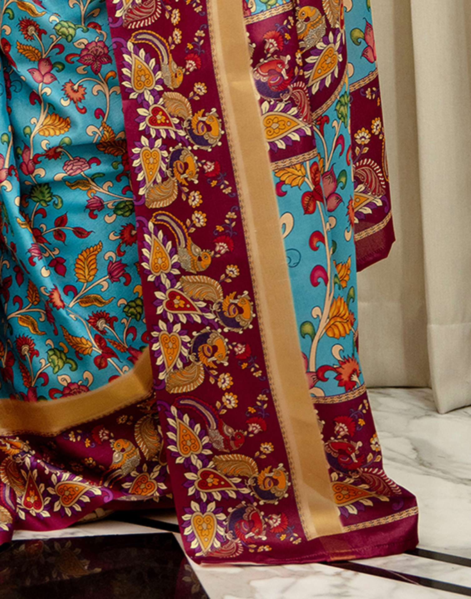 Turquoise Blue Silk Printed Saree - Image 10