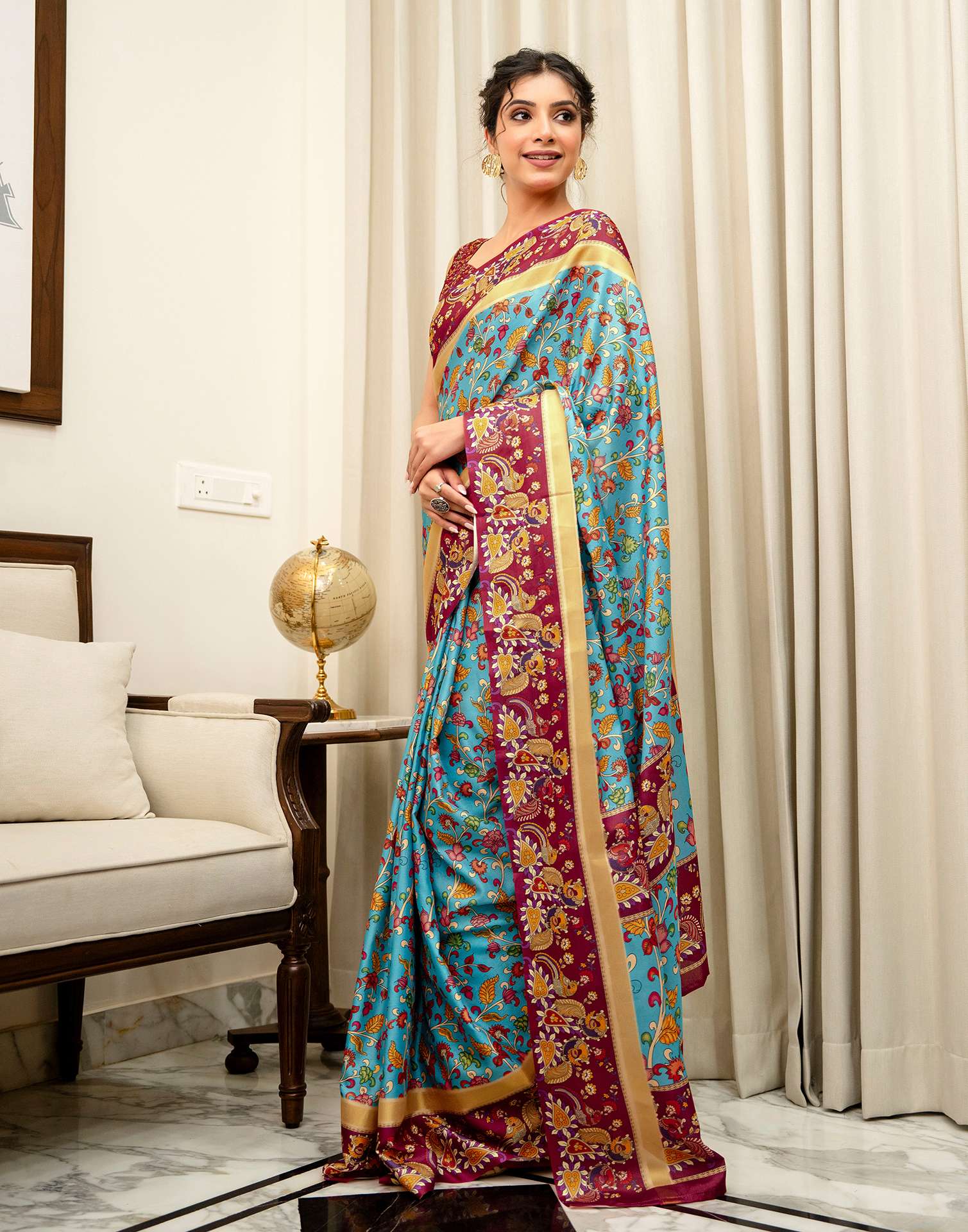 Turquoise Blue Silk Printed Saree - Image 5