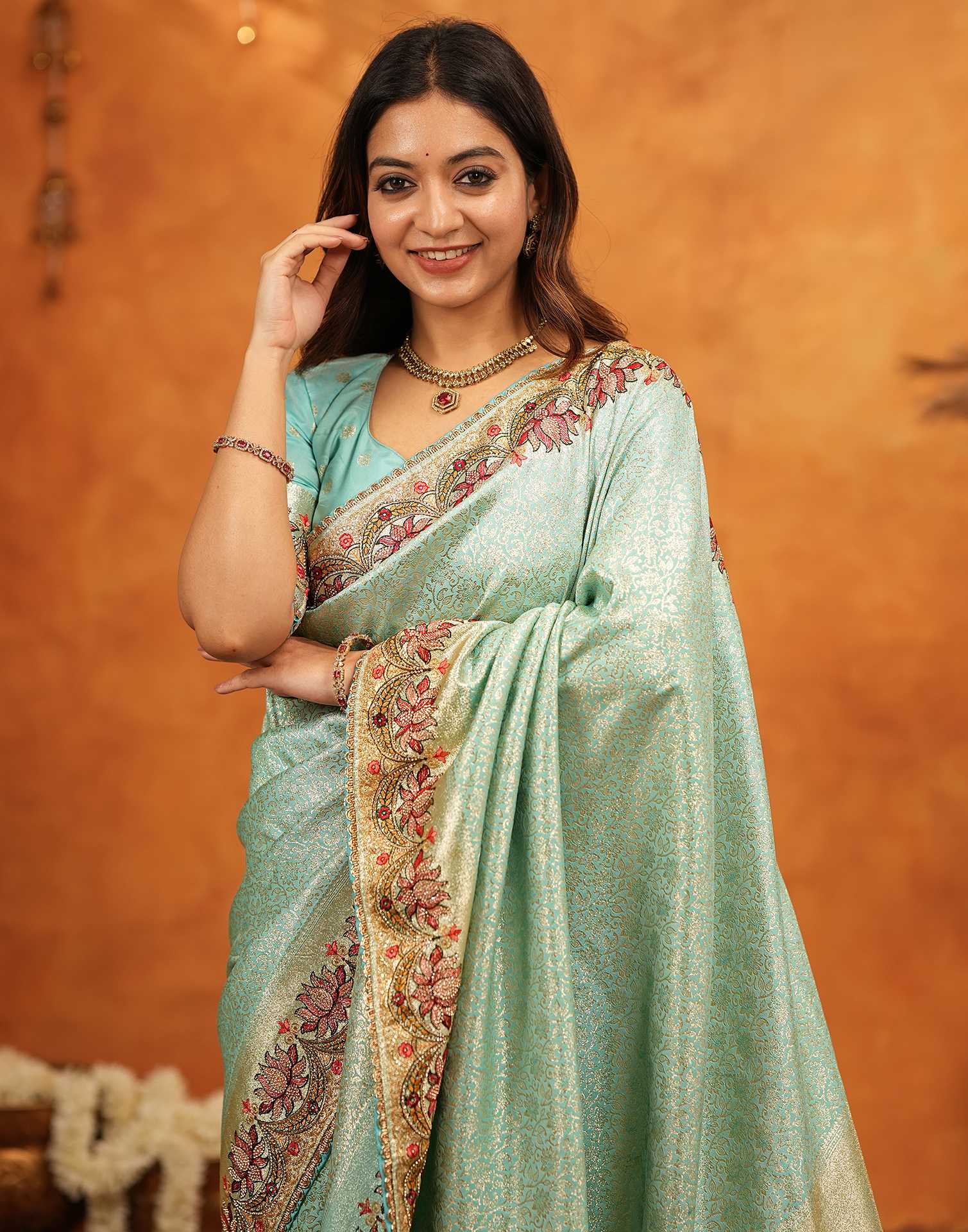 Turquoise Blue Silk Woven Embroidery Stone Work Banarasi Saree - Image 5