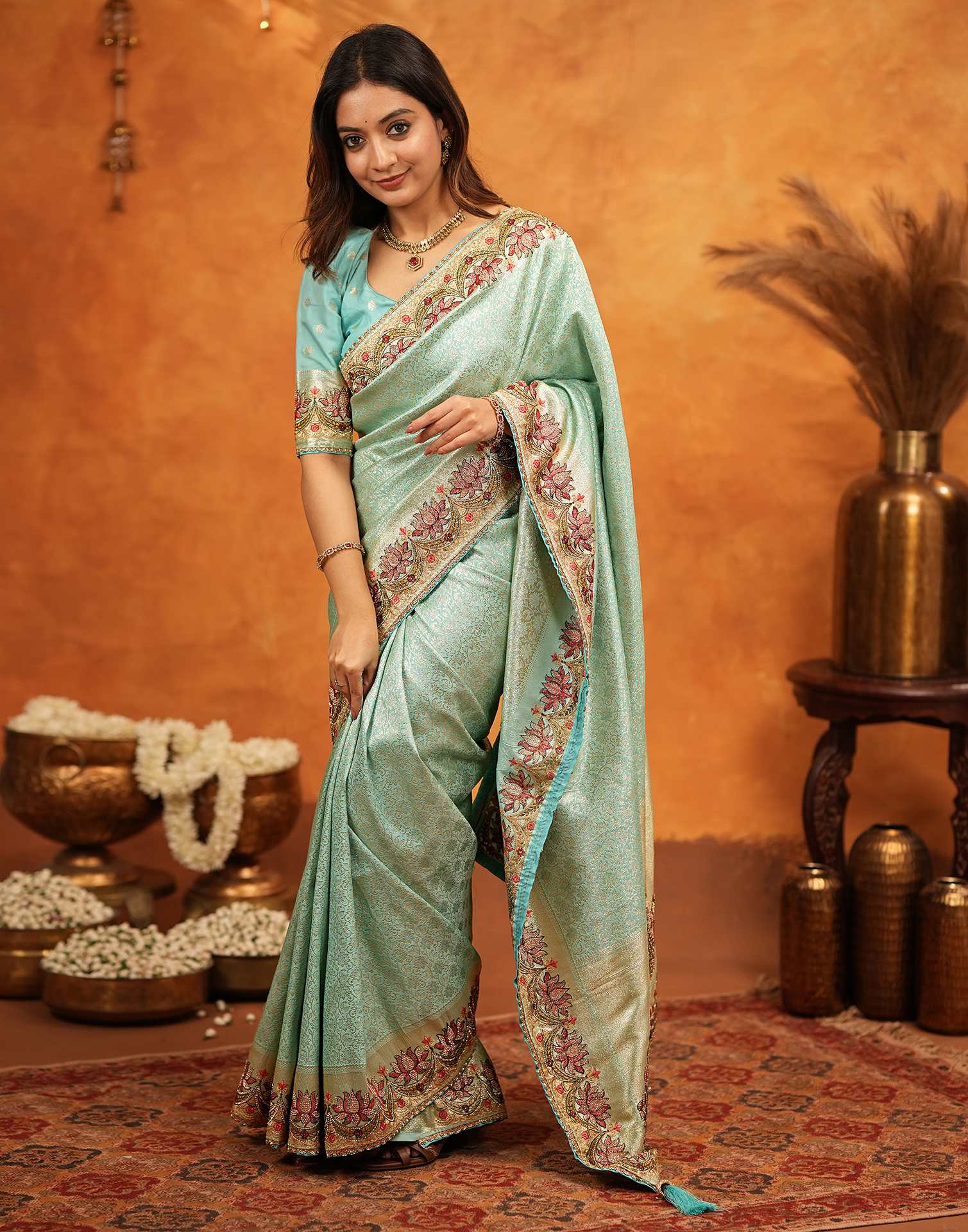 Turquoise Blue Silk Woven Embroidery Stone Work Banarasi Saree - Image 6