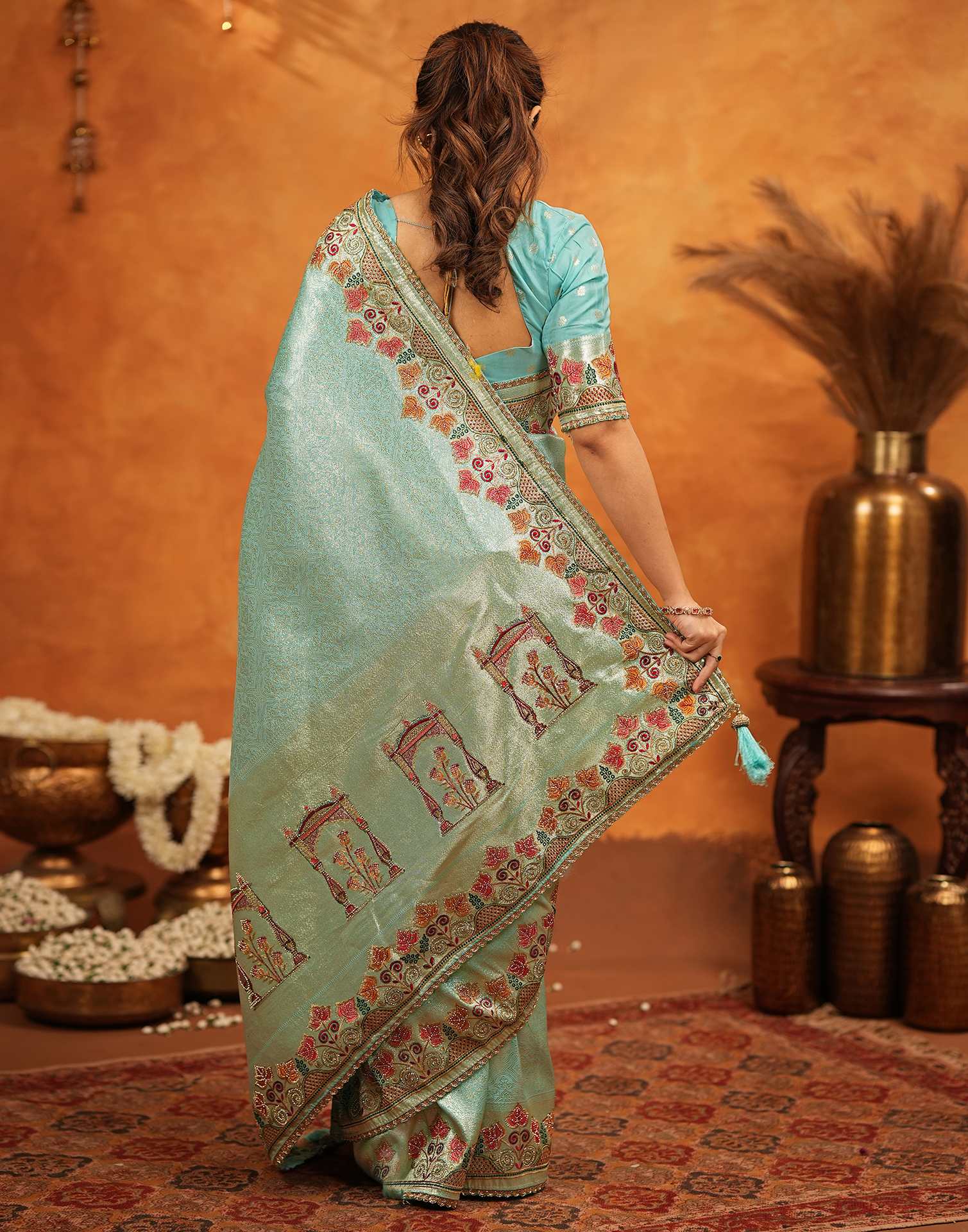 Turquoise Blue Silk Woven Embroidery Stone Work Banarasi Saree - Image 10