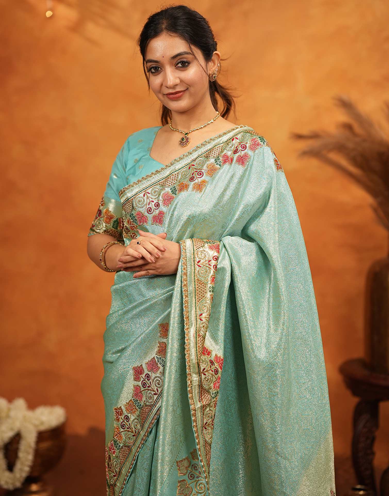 Turquoise Blue Silk Woven Embroidery Stone Work Banarasi Saree - Image 11