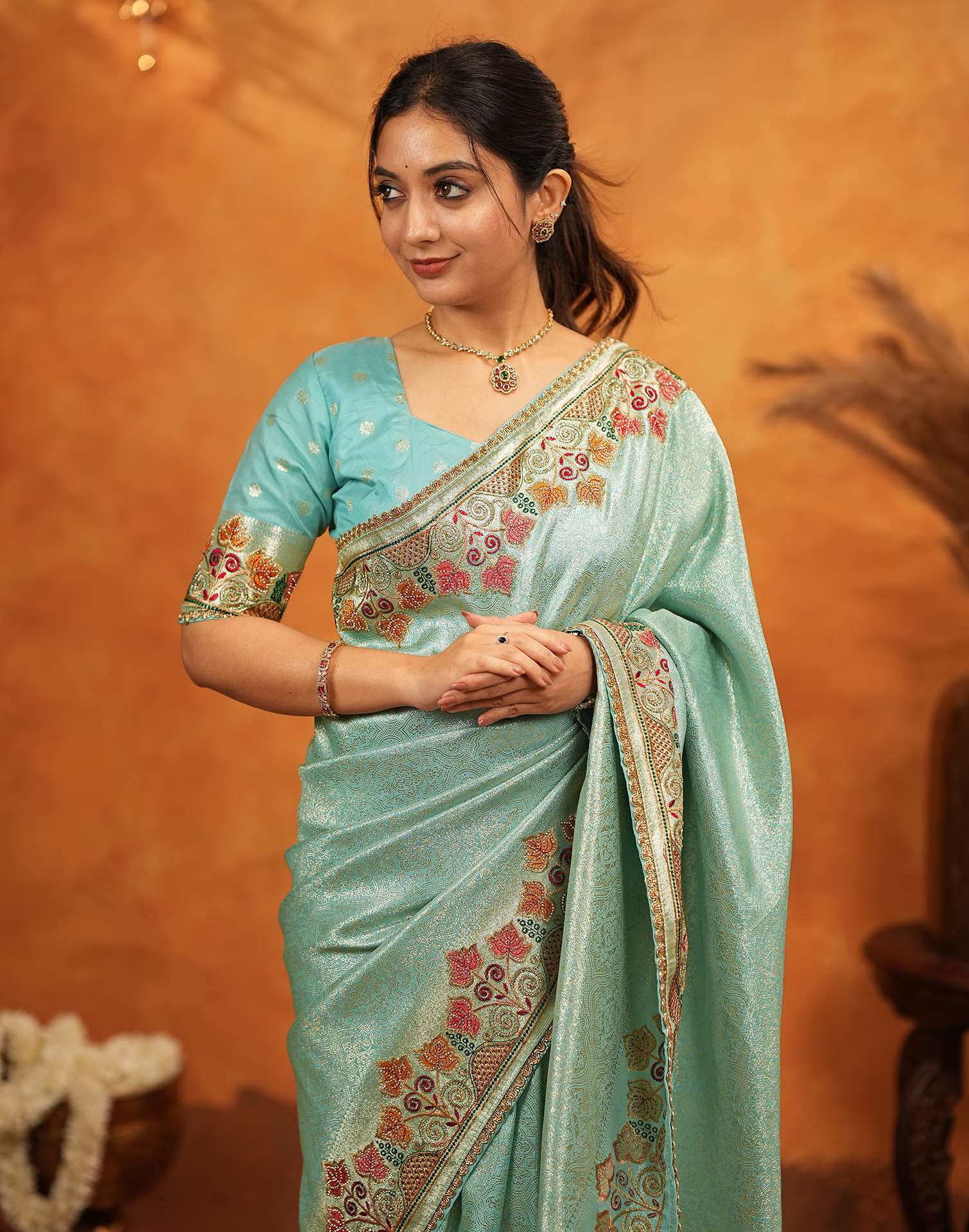 Turquoise Blue Silk Woven Embroidery Stone Work Banarasi Saree - Image 2