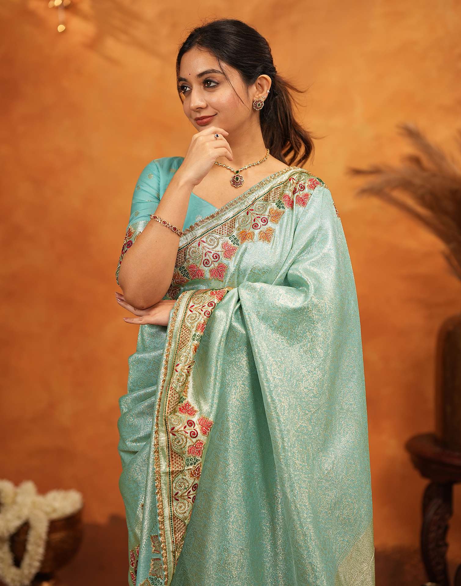 Turquoise Blue Silk Woven Embroidery Stone Work Banarasi Saree - Image 4