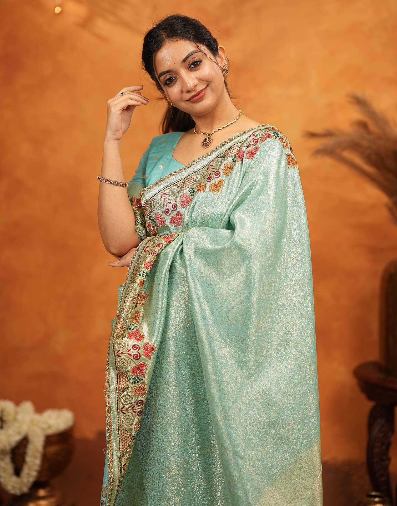 Turquoise Blue Silk Woven Embroidery Stone Work Banarasi Saree - Image 5