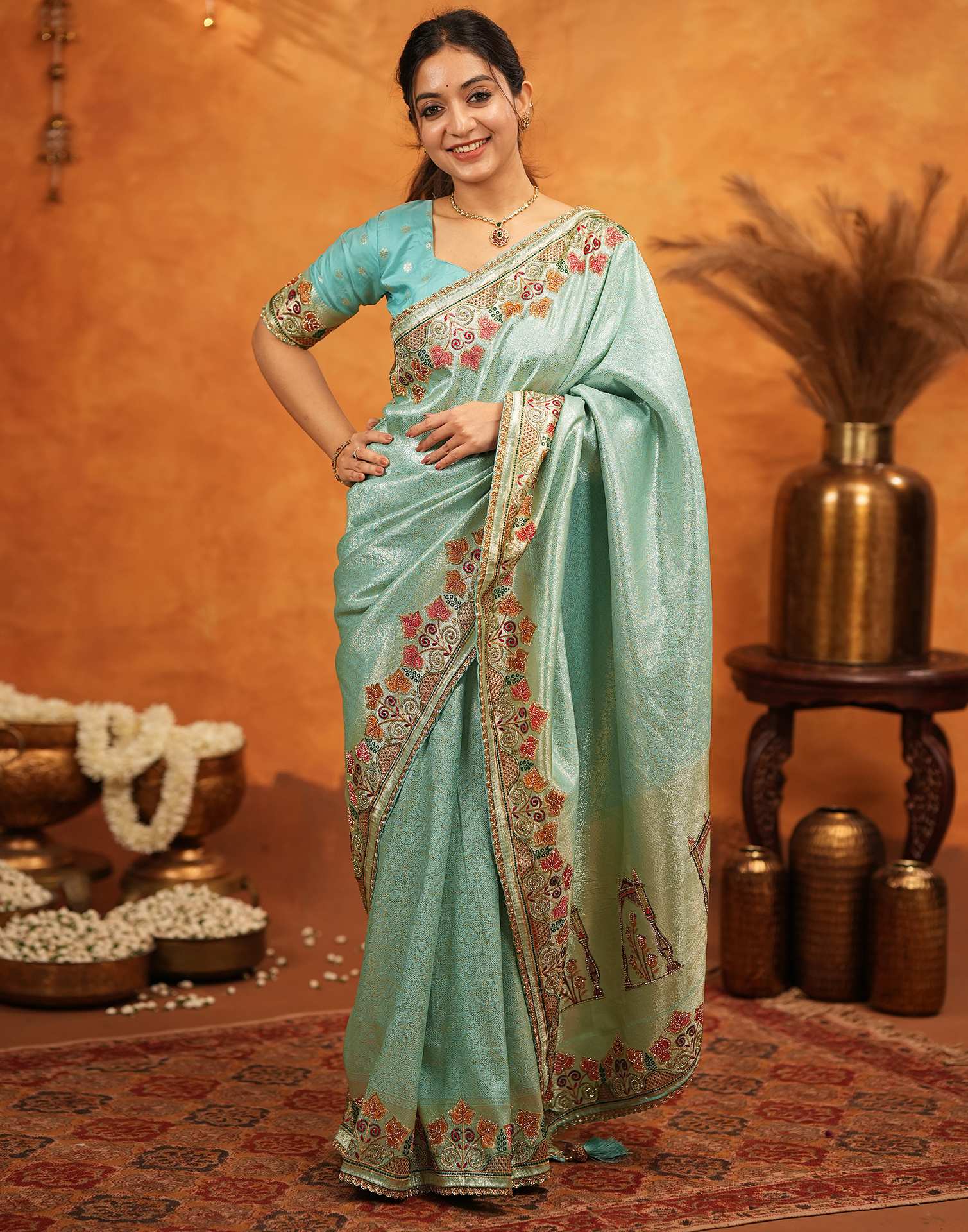 Turquoise Blue Silk Woven Embroidery Stone Work Banarasi Saree - Image 7
