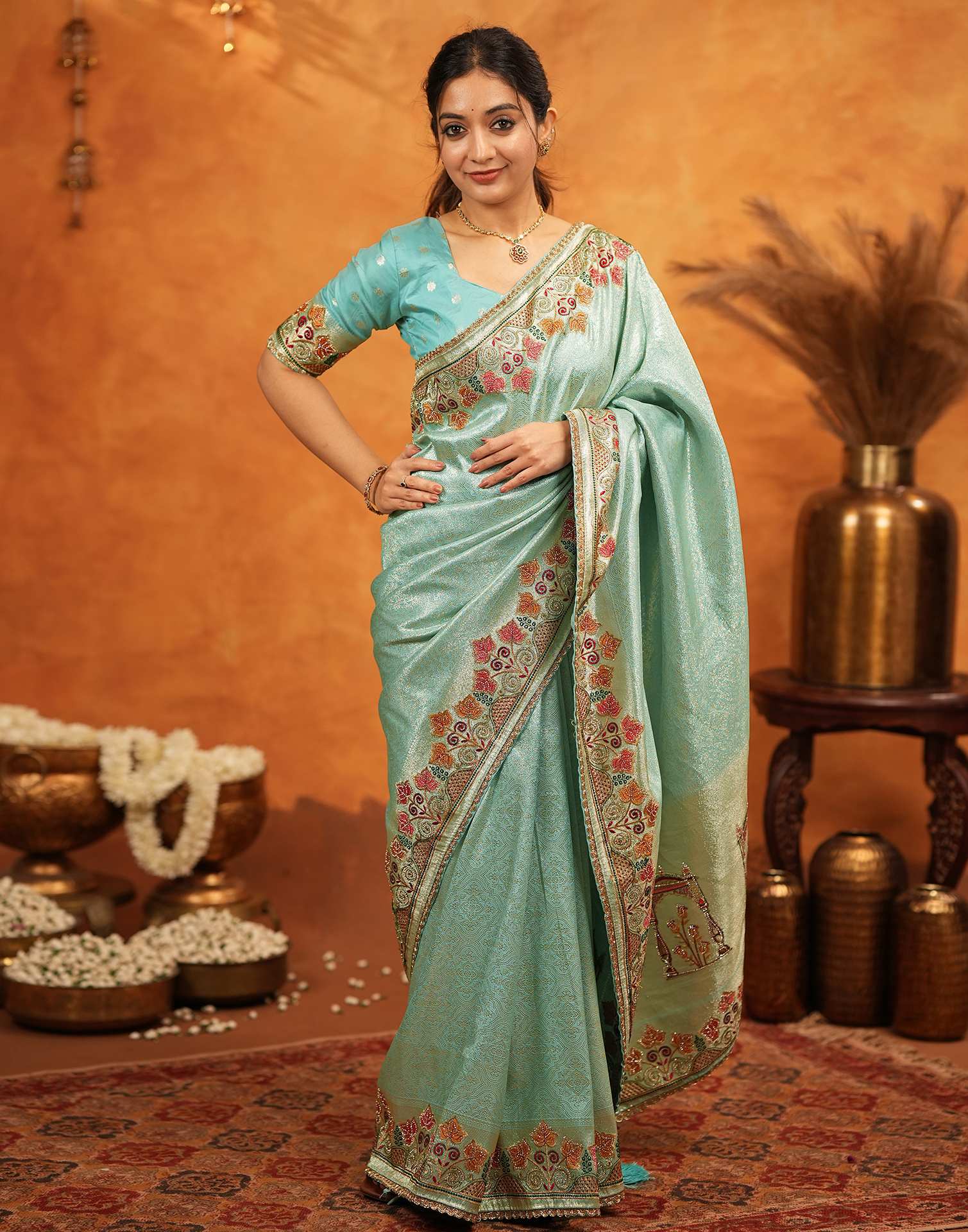 Turquoise Blue Silk Woven Embroidery Stone Work Banarasi Saree - Image 9