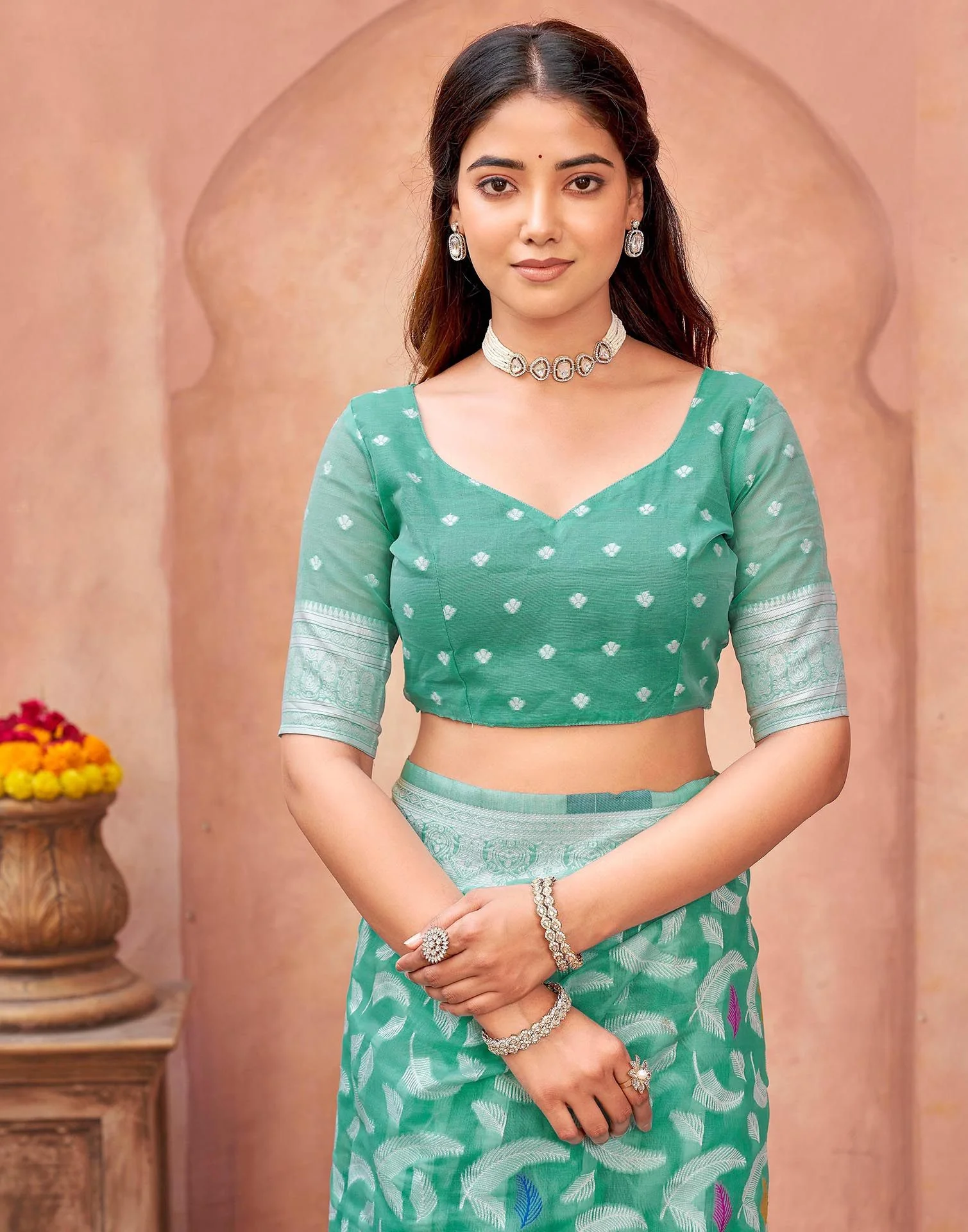 Turquoise Chanderi Woven Saree - Image 8