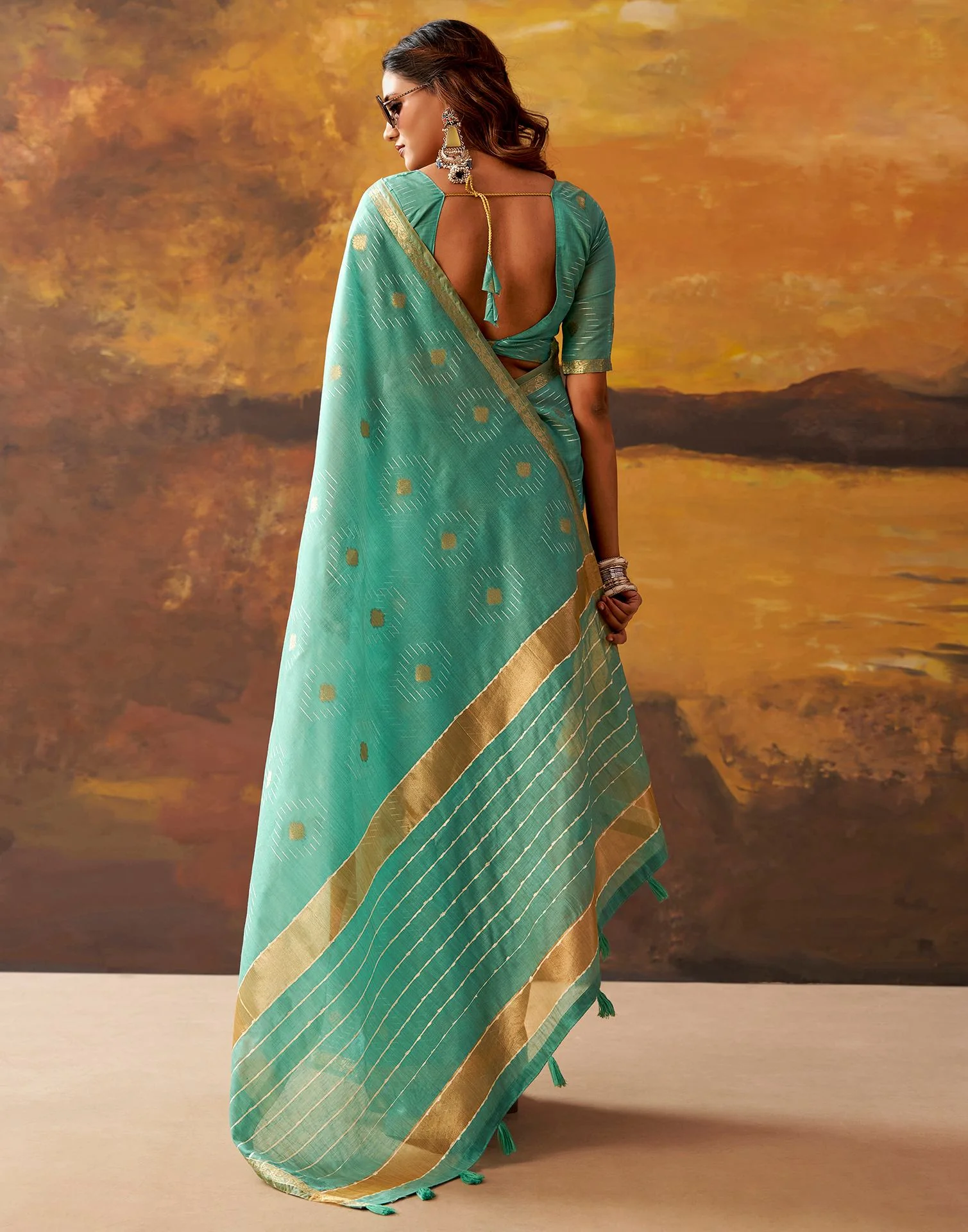 Turquoise Cotton Chanderi Woven Saree - Image 6