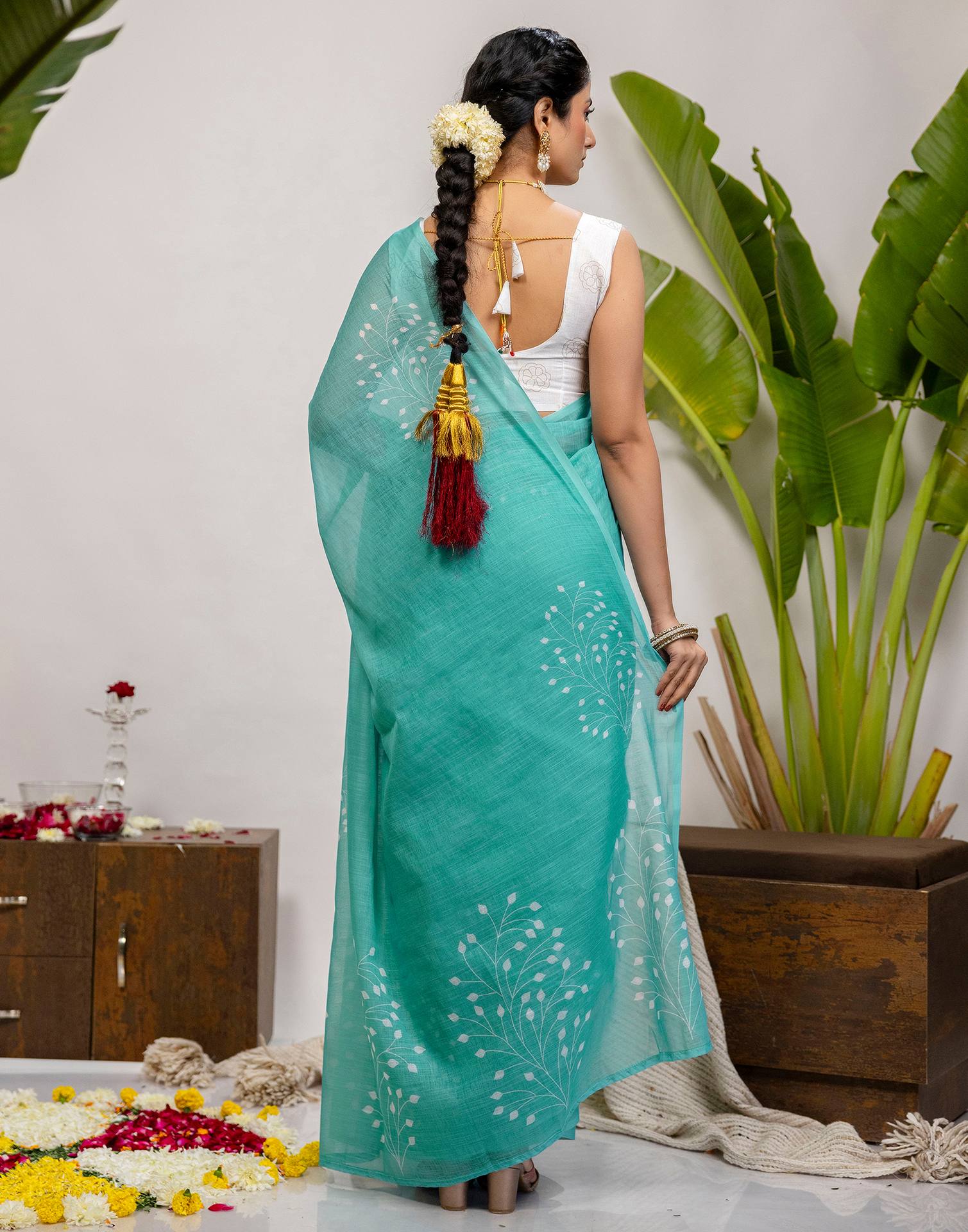 Turquoise Cotton Printed Saree - Image 6