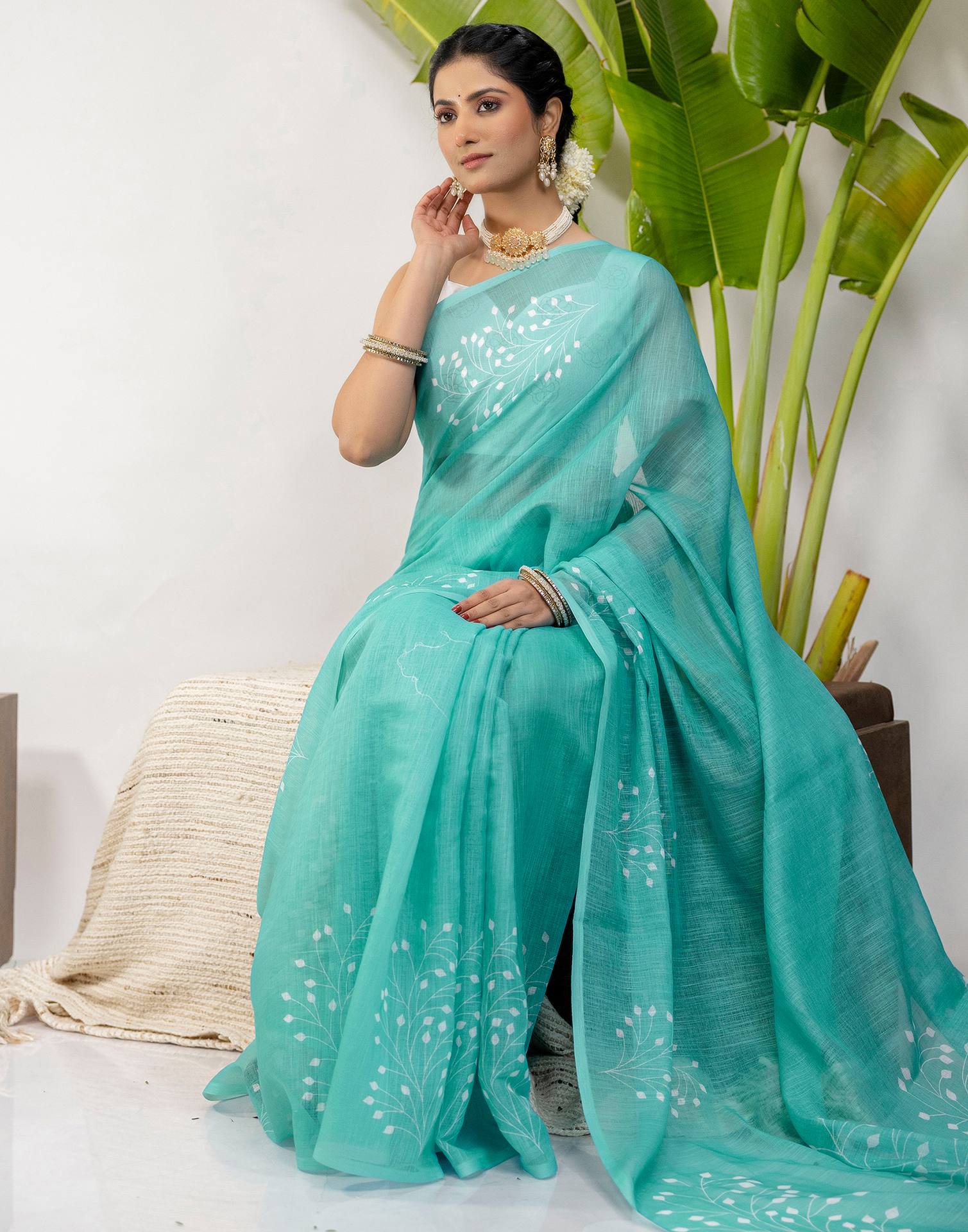 Turquoise Cotton Printed Saree - Image 8