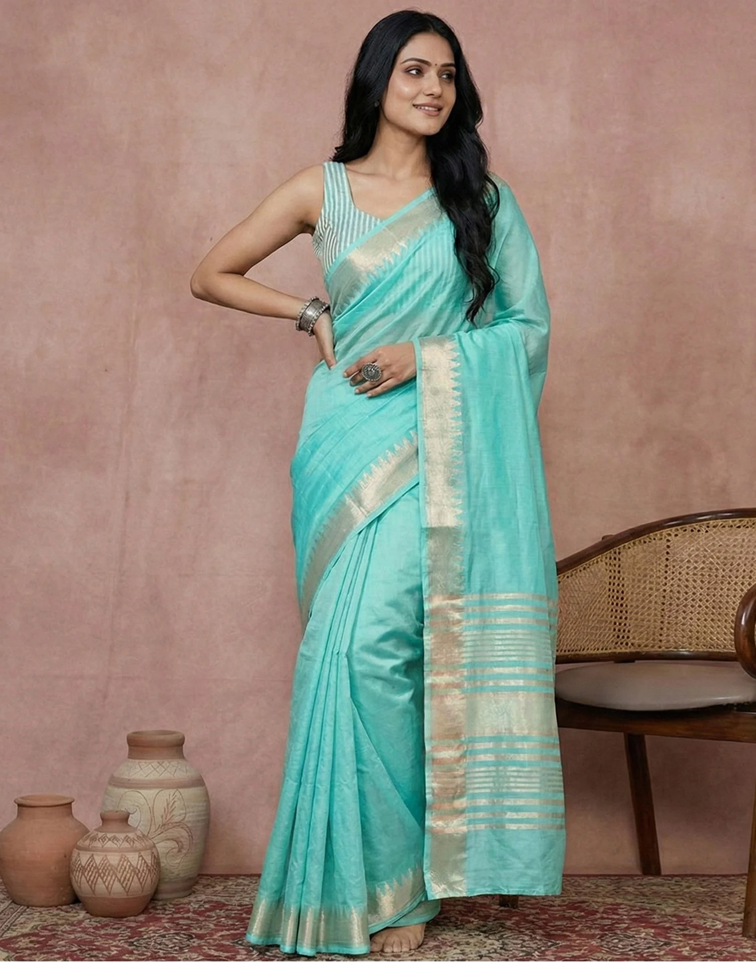 Turquoise Cotton Silk Woven Border Saree - Image 4
