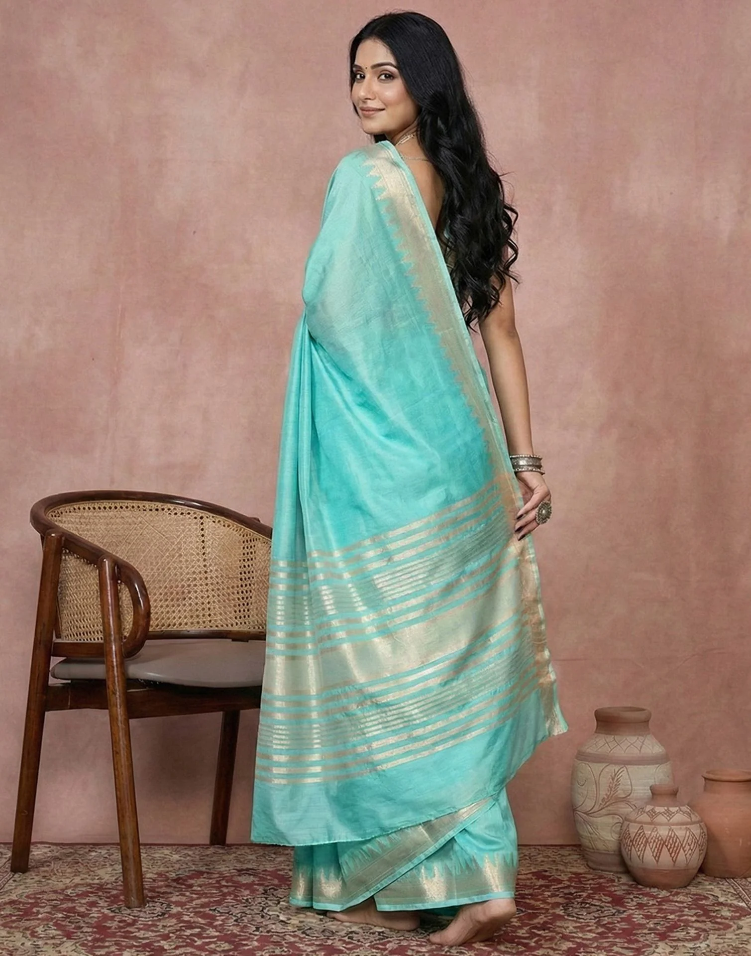 Turquoise Cotton Silk Woven Border Saree - Image 5