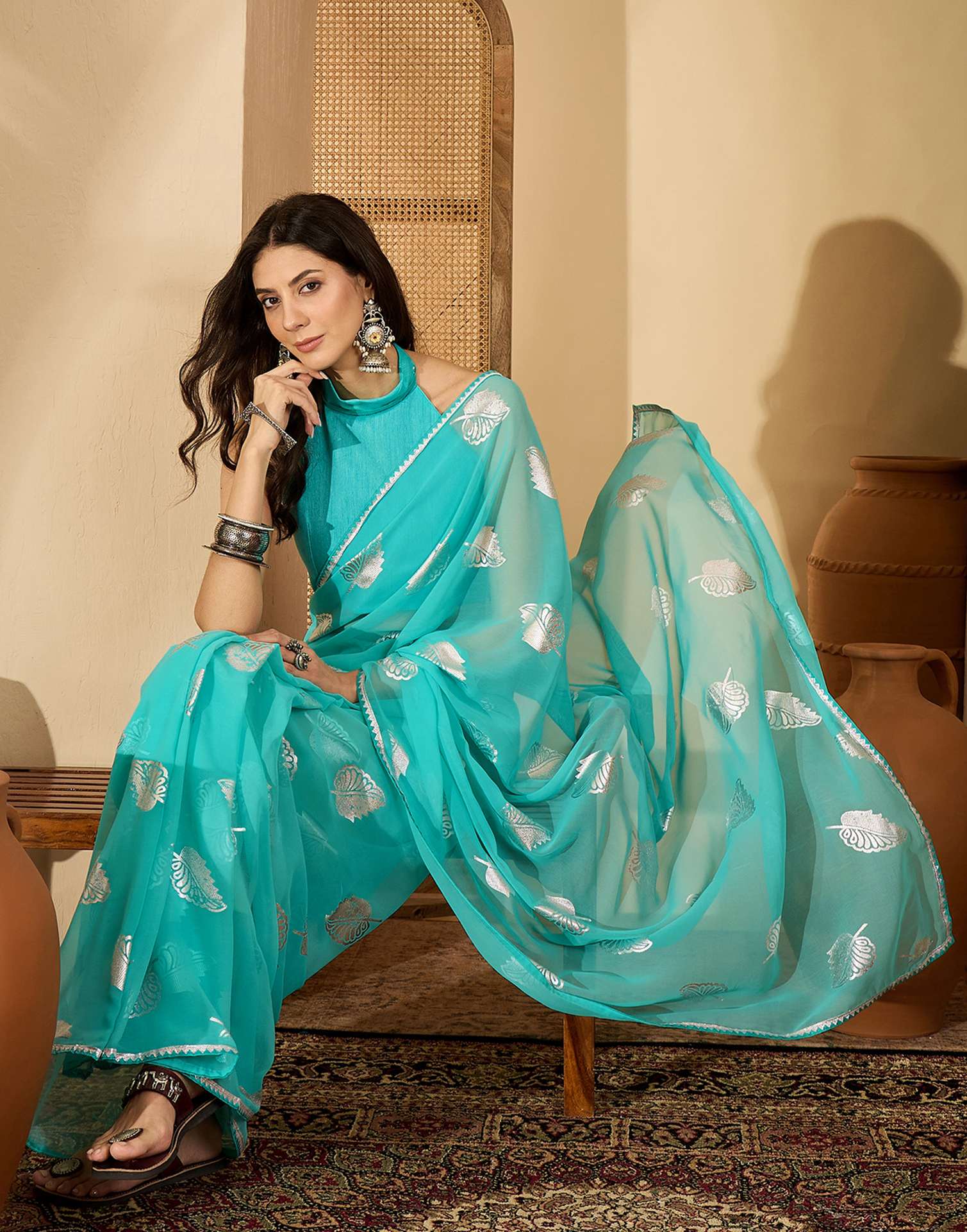 Turquoise Georgette Foil Printed Saree - Image 7