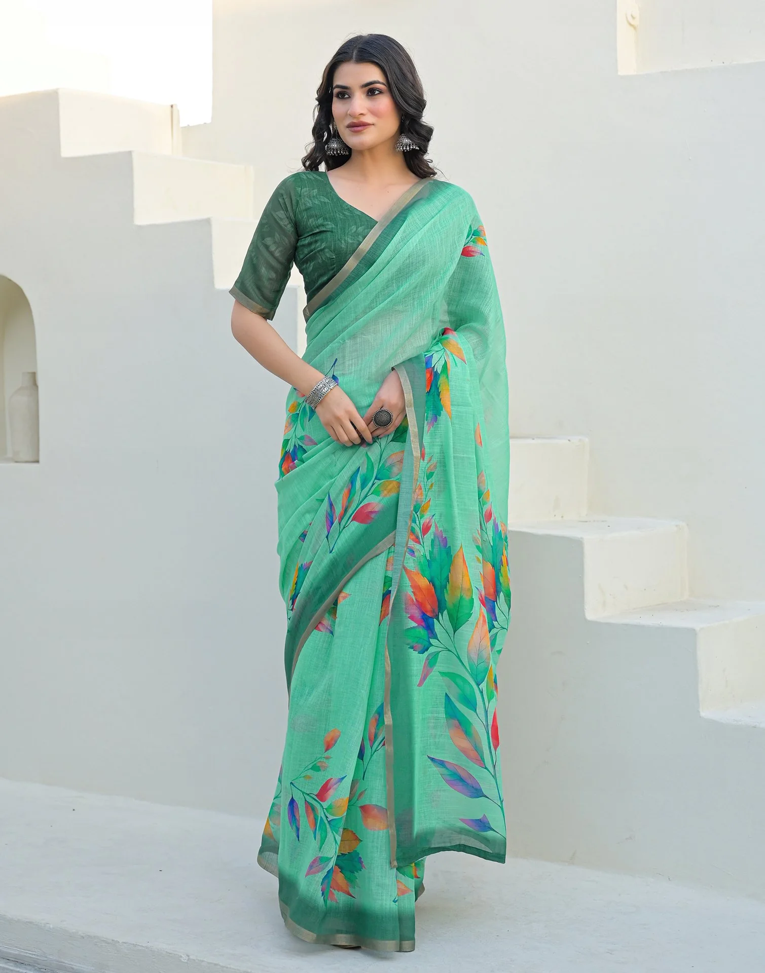 Turquoise Linen Printed Saree