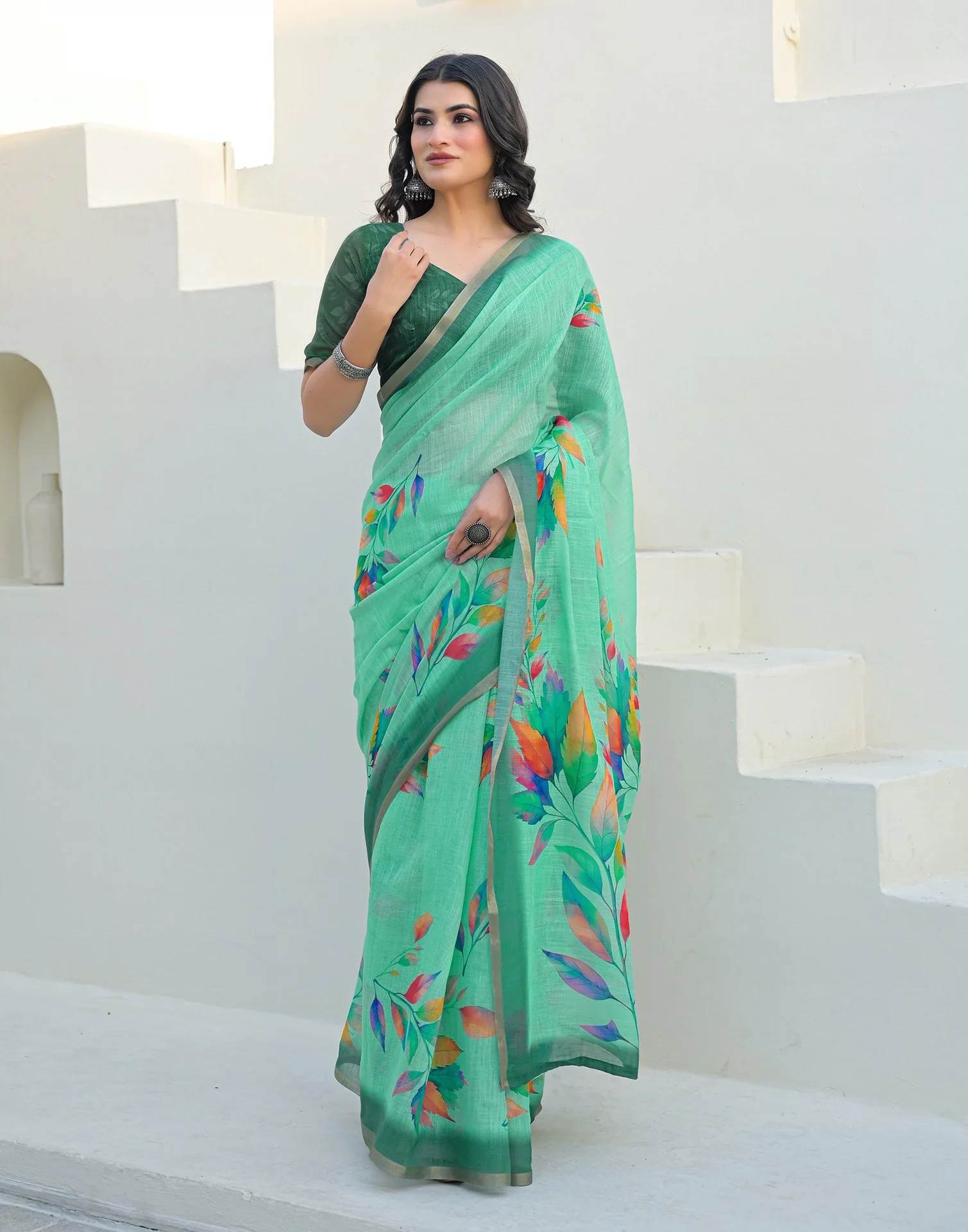 Turquoise Linen Printed Saree - Image 5