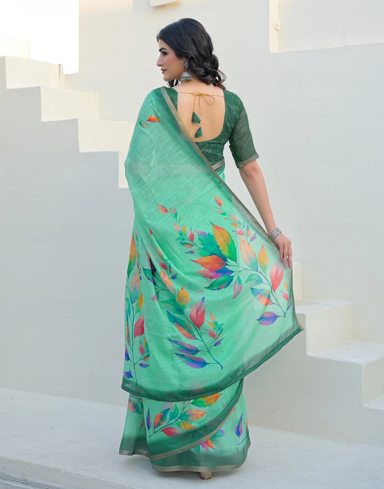 Turquoise Linen Printed Saree - Image 6
