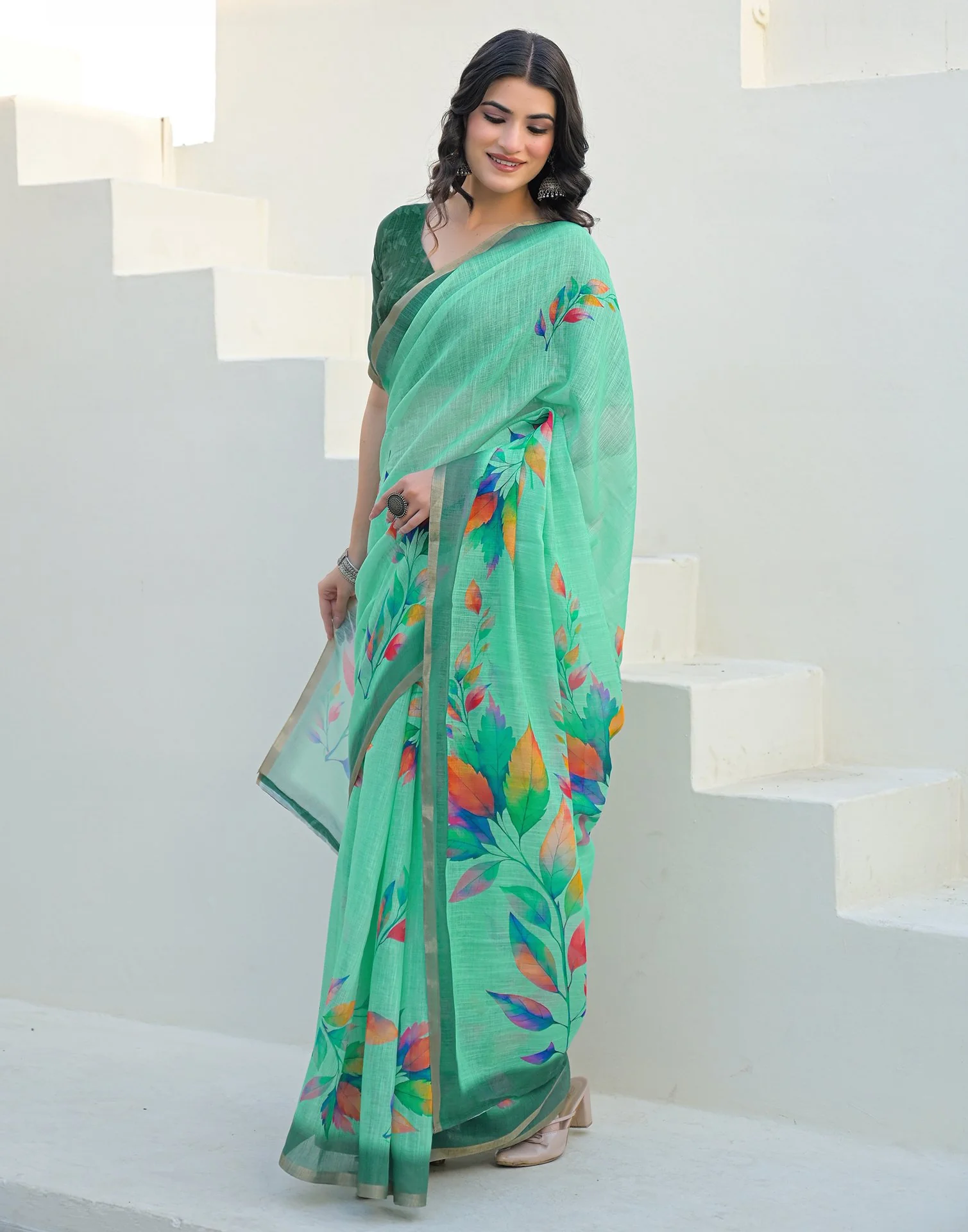 Turquoise Linen Printed Saree - Image 7