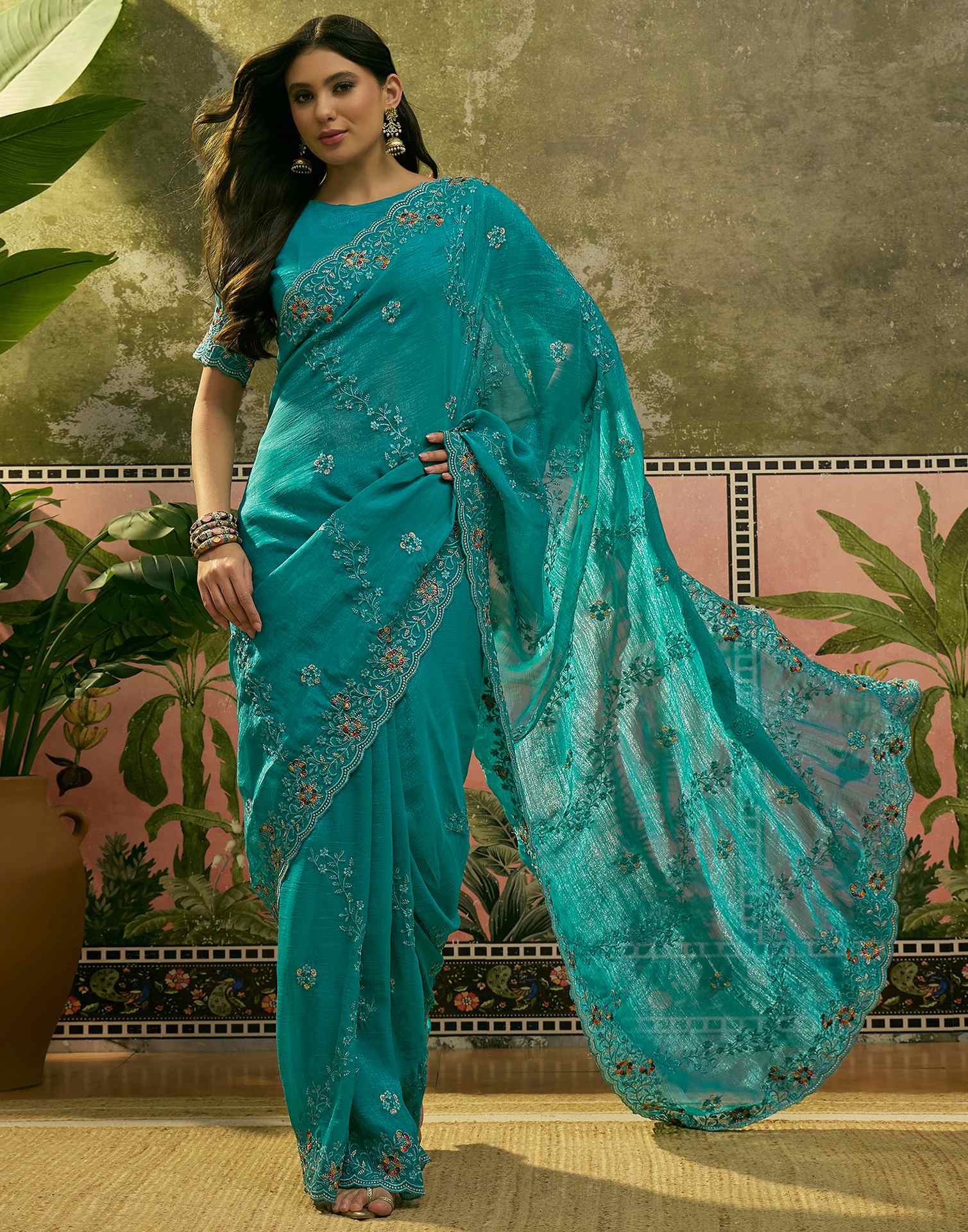 Turquoise Shimmer Embroidery Saree