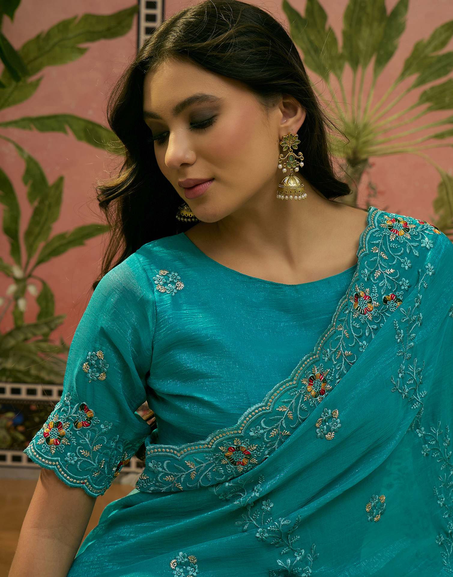 Turquoise Shimmer Embroidery Saree - Image 2