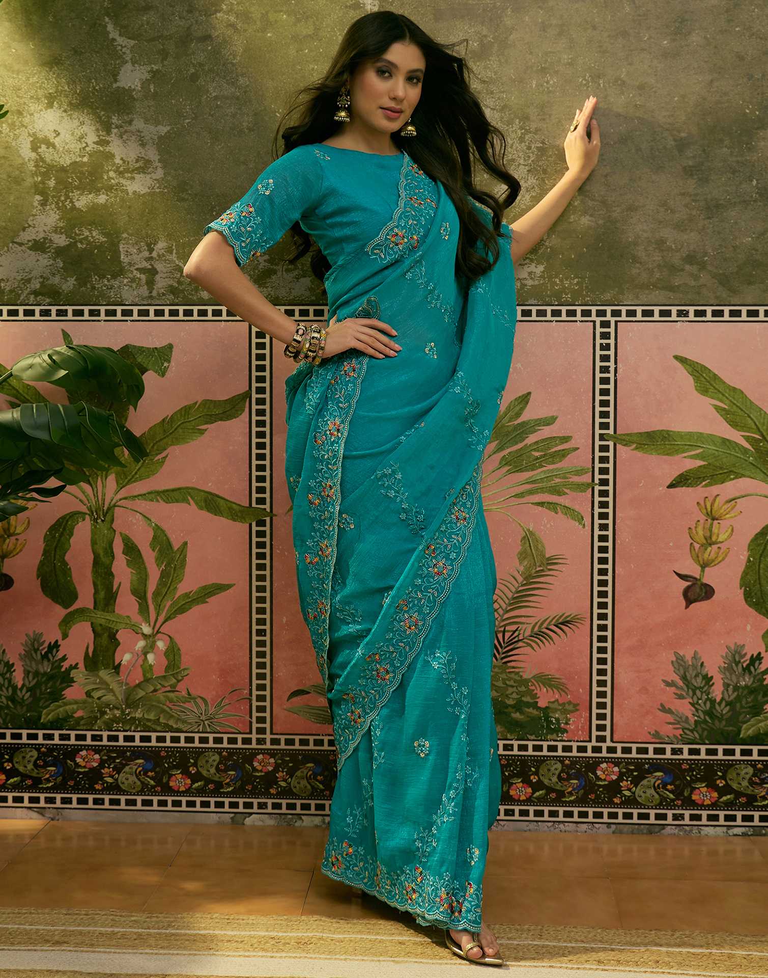 Turquoise Shimmer Embroidery Saree - Image 6