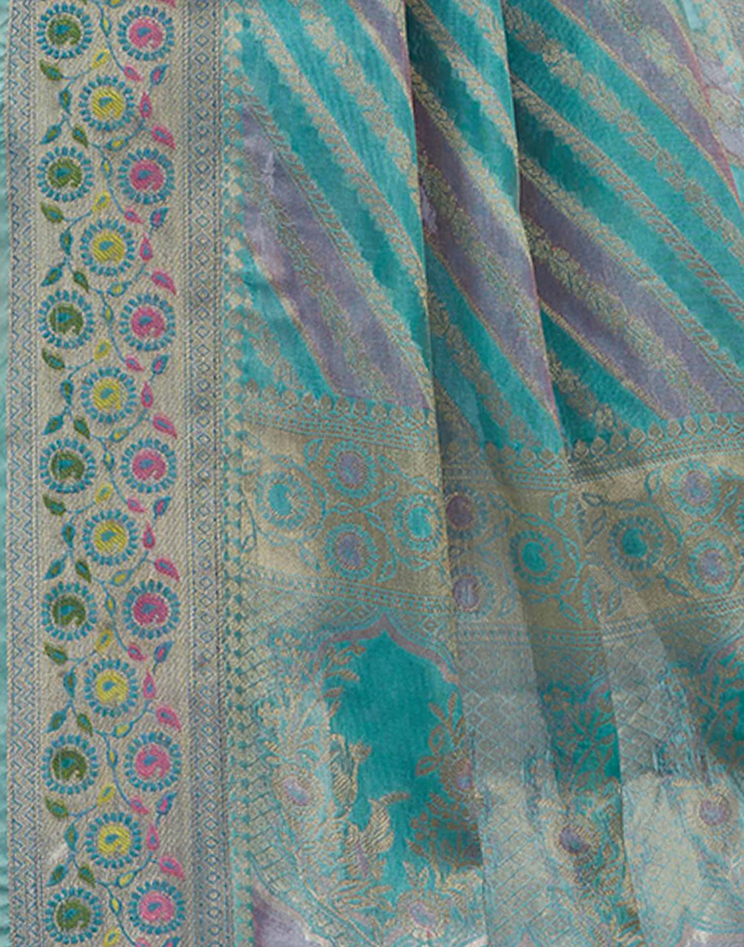 Turquoise Silk Woven Banarasi Saree - Image 7