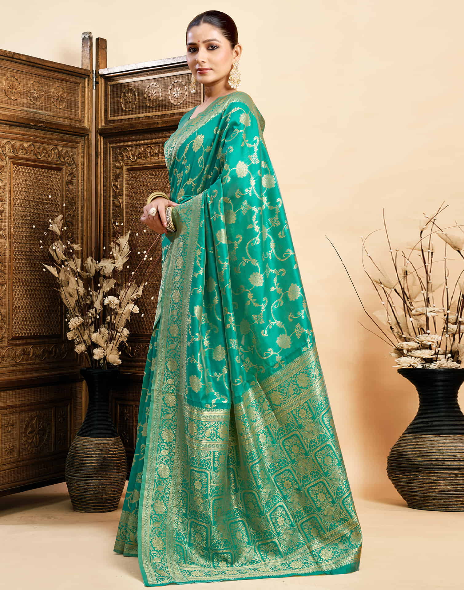 Turquoise Silk Woven Banarasi Saree - Image 6